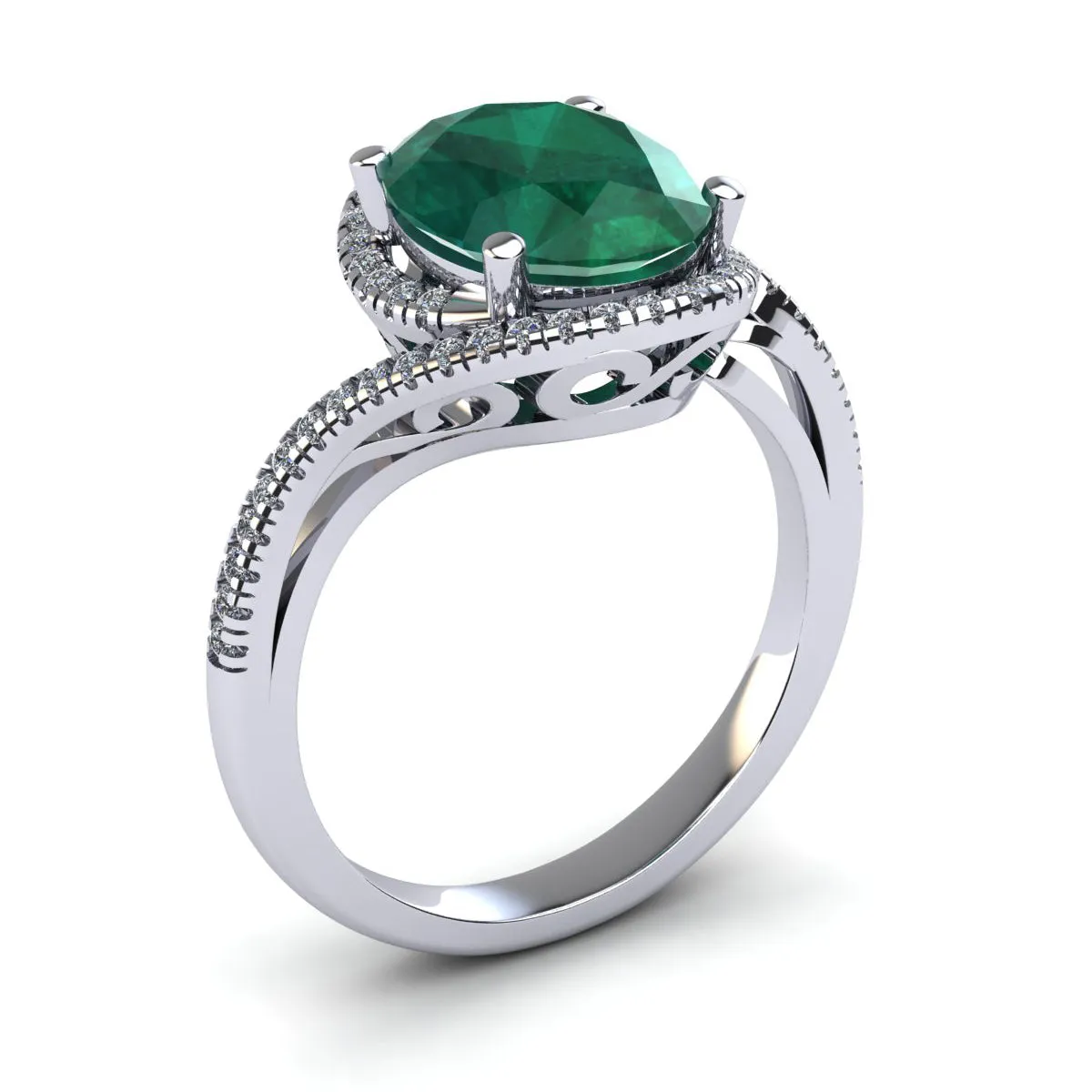 1 Carat Oval Shape Emerald And Halo Diamond Ring In 14 Karat White Gold