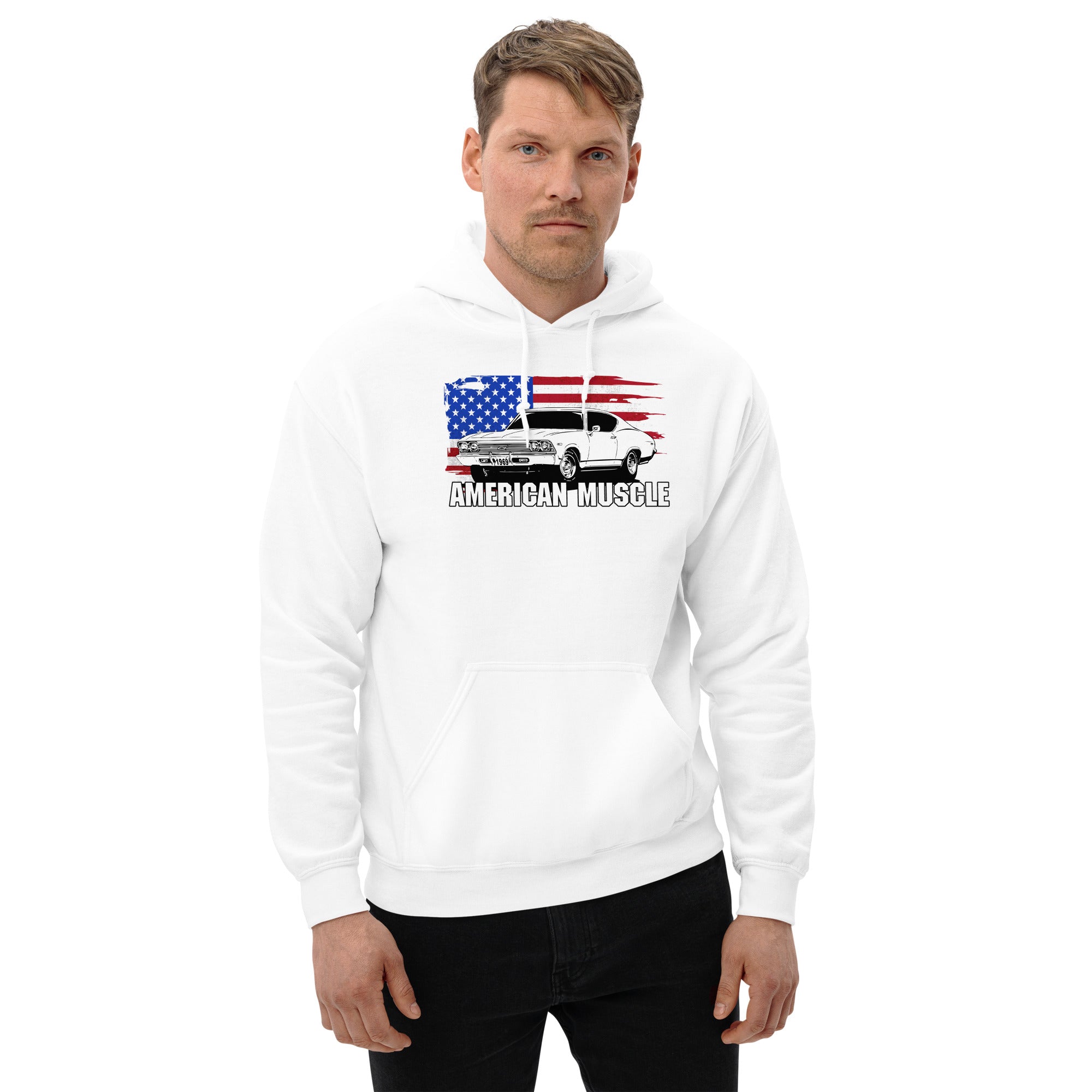 1969 Chevelle Car Hoodie Sweatshirt With American Flag Design