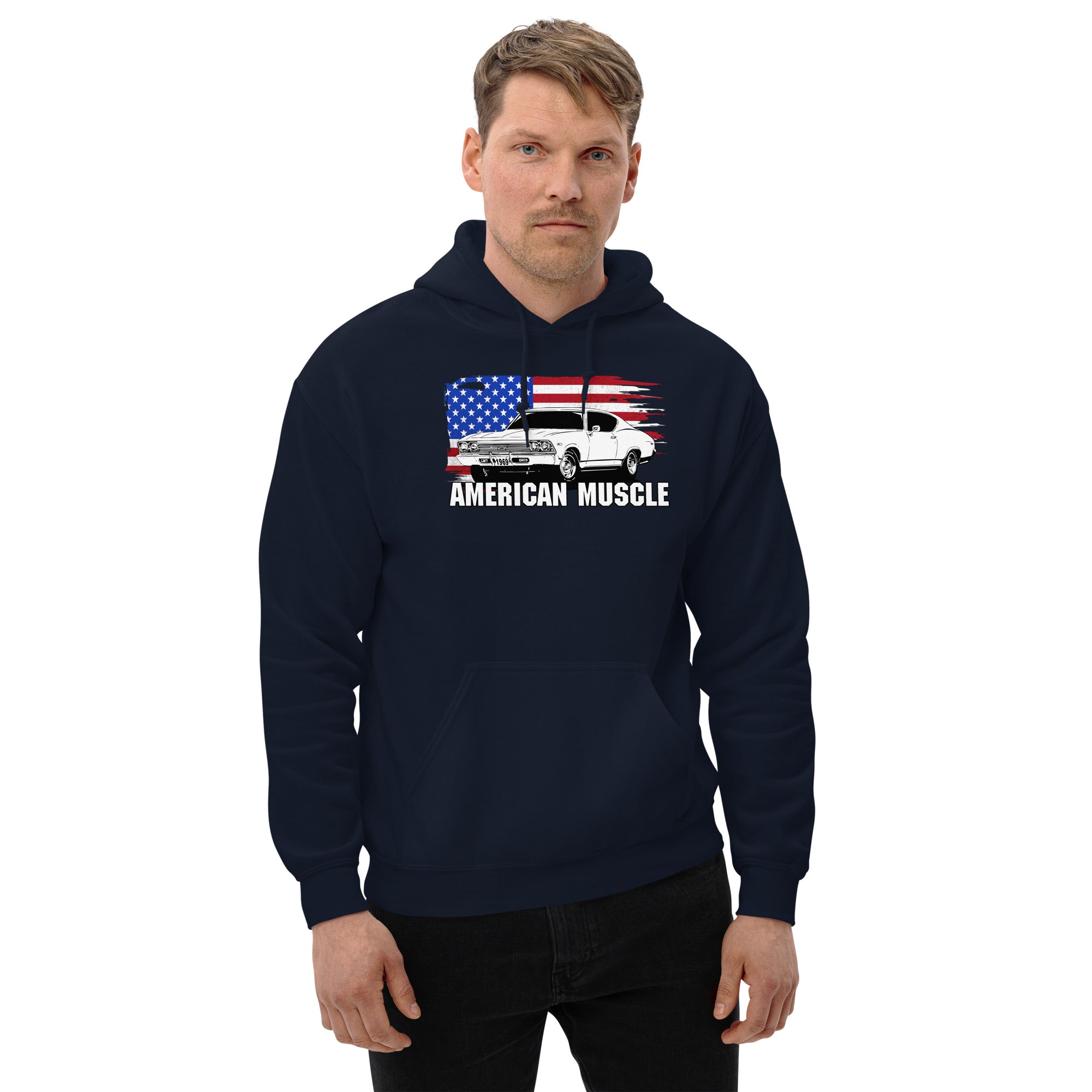 1969 Chevelle Car Hoodie Sweatshirt With American Flag Design