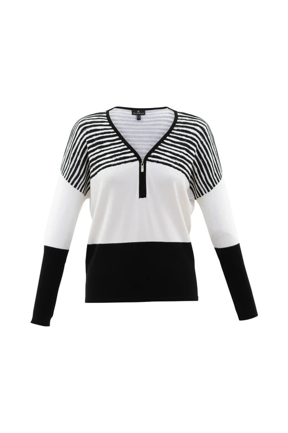 6715- VNeck Zip Collar Jumper-Ivory/Black- Marble