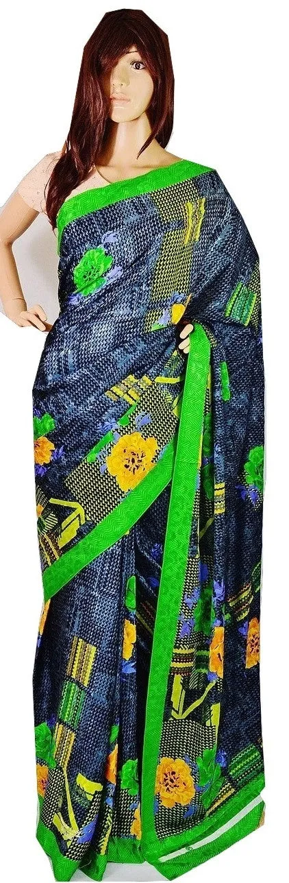 Beautiful Green & Black  Simple Lady  Crepe Silk Saree