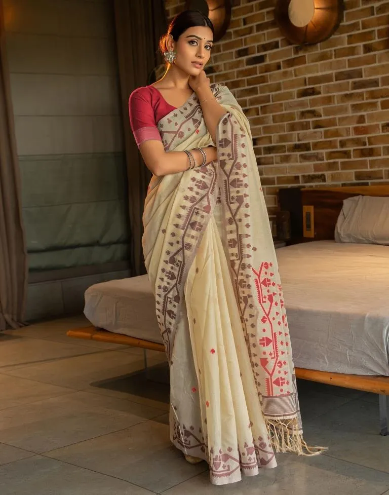 Beige Cotton Woven Sarees