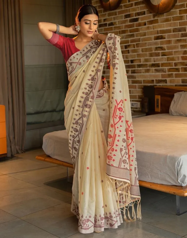 Beige Cotton Woven Sarees