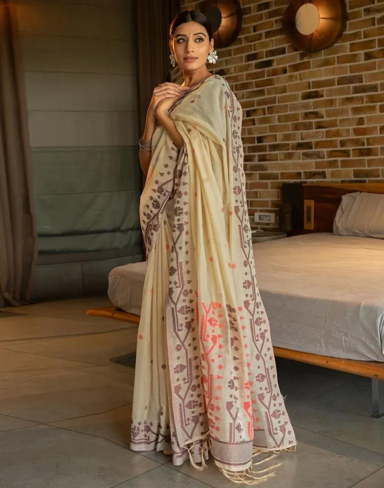 Beige Cotton Woven Sarees