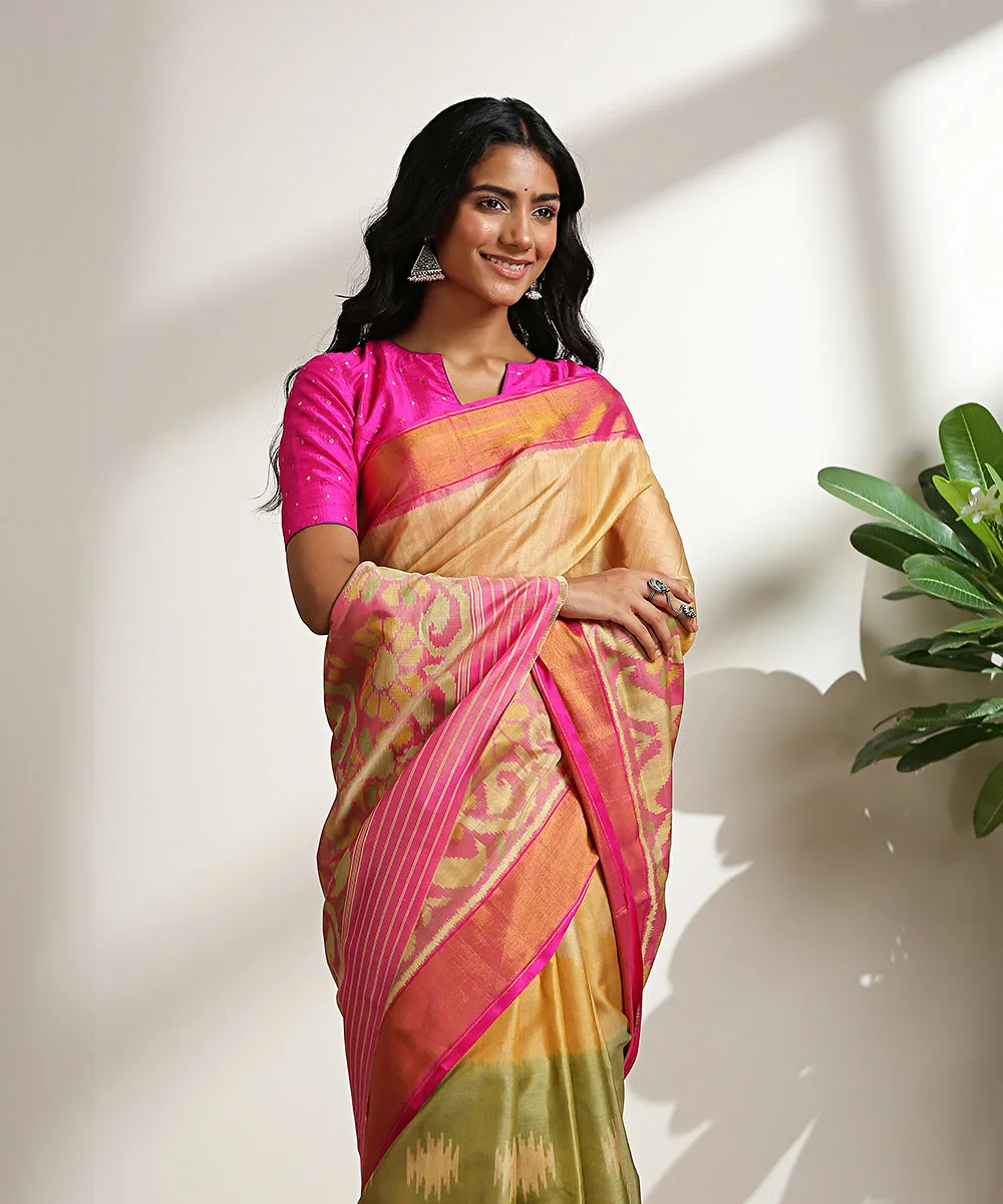 Beige Handloom Pure Mulberry Silk Patola Saree With Pink Border