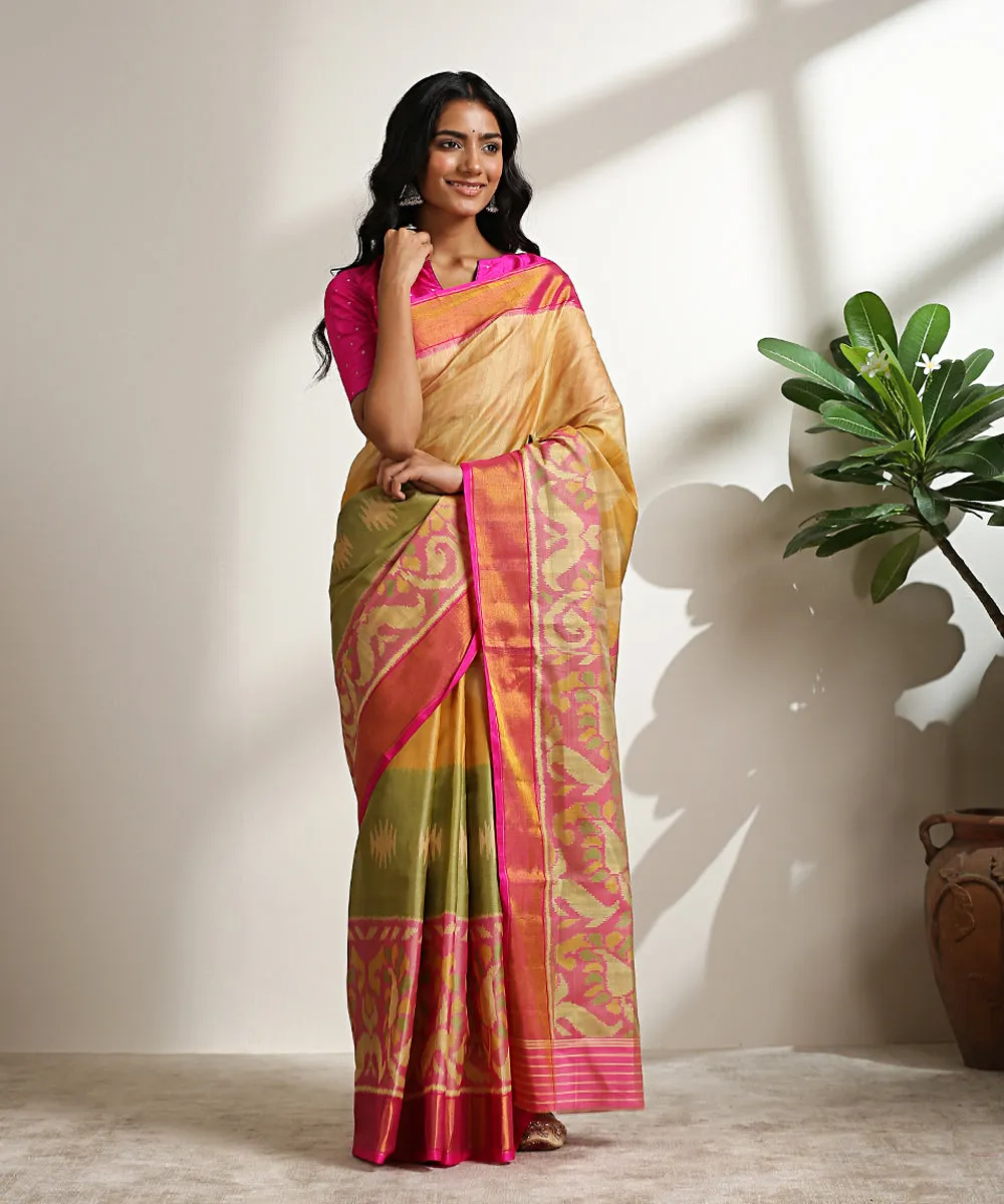 Beige Handloom Pure Mulberry Silk Patola Saree With Pink Border