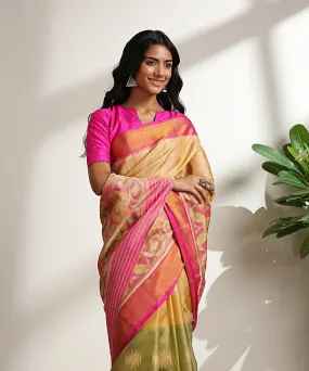 Beige Handloom Pure Mulberry Silk Patola Saree With Pink Border