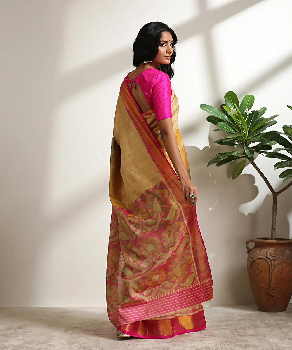 Beige Handloom Pure Mulberry Silk Patola Saree With Pink Border