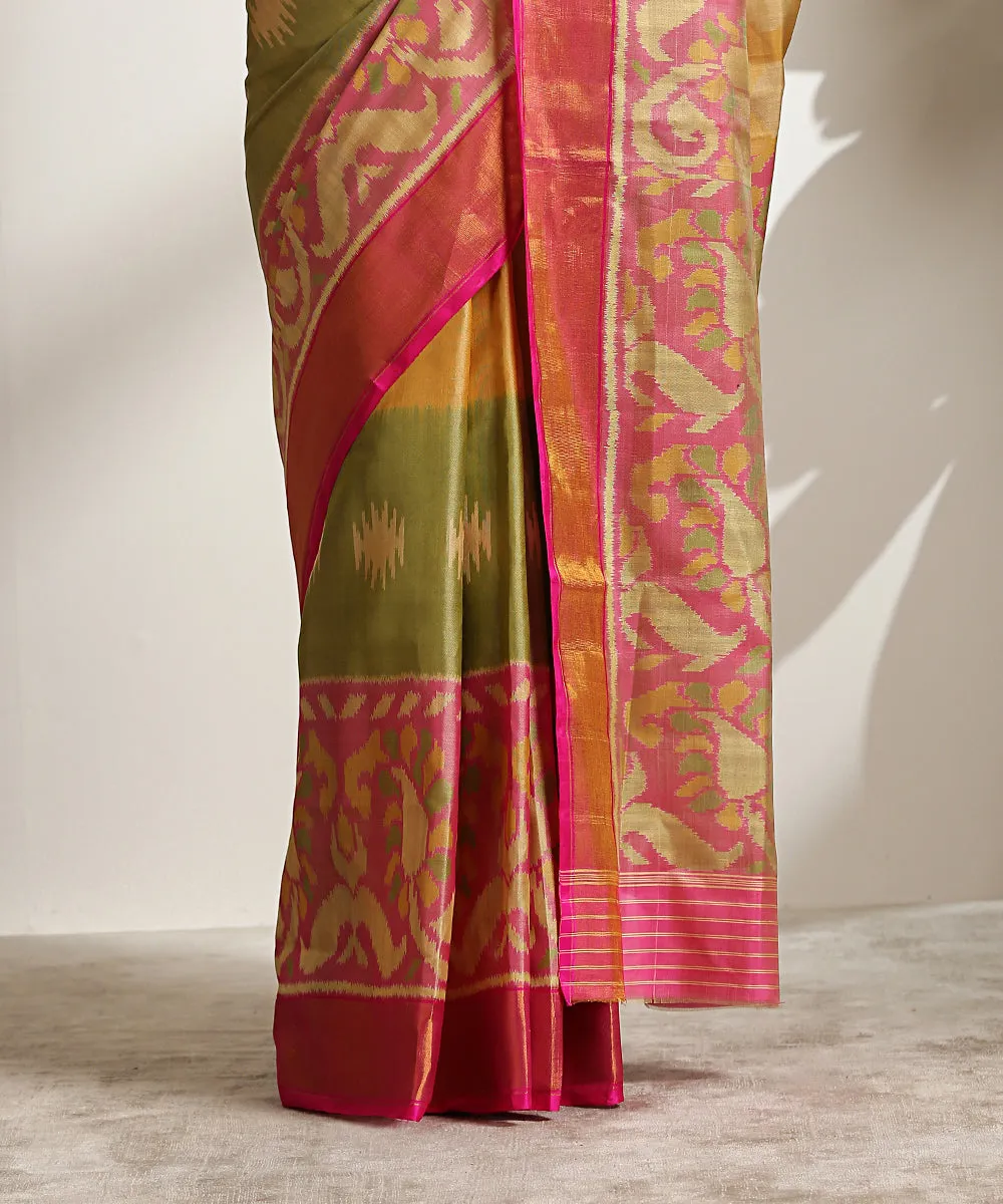 Beige Handloom Pure Mulberry Silk Patola Saree With Pink Border