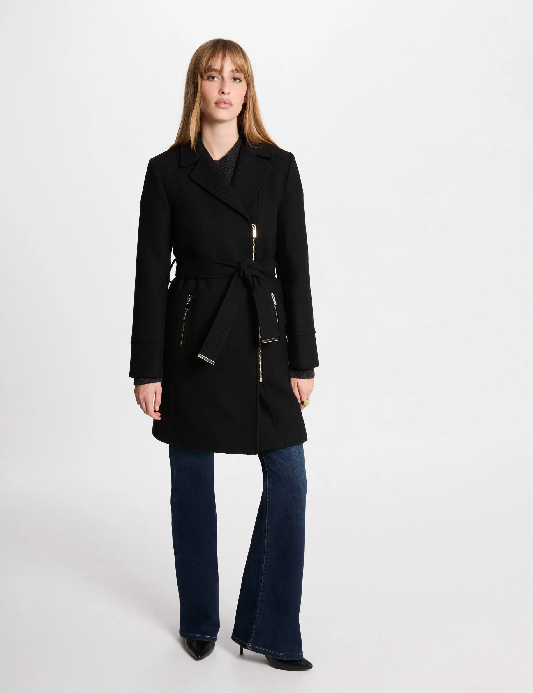 Belted long coat black women