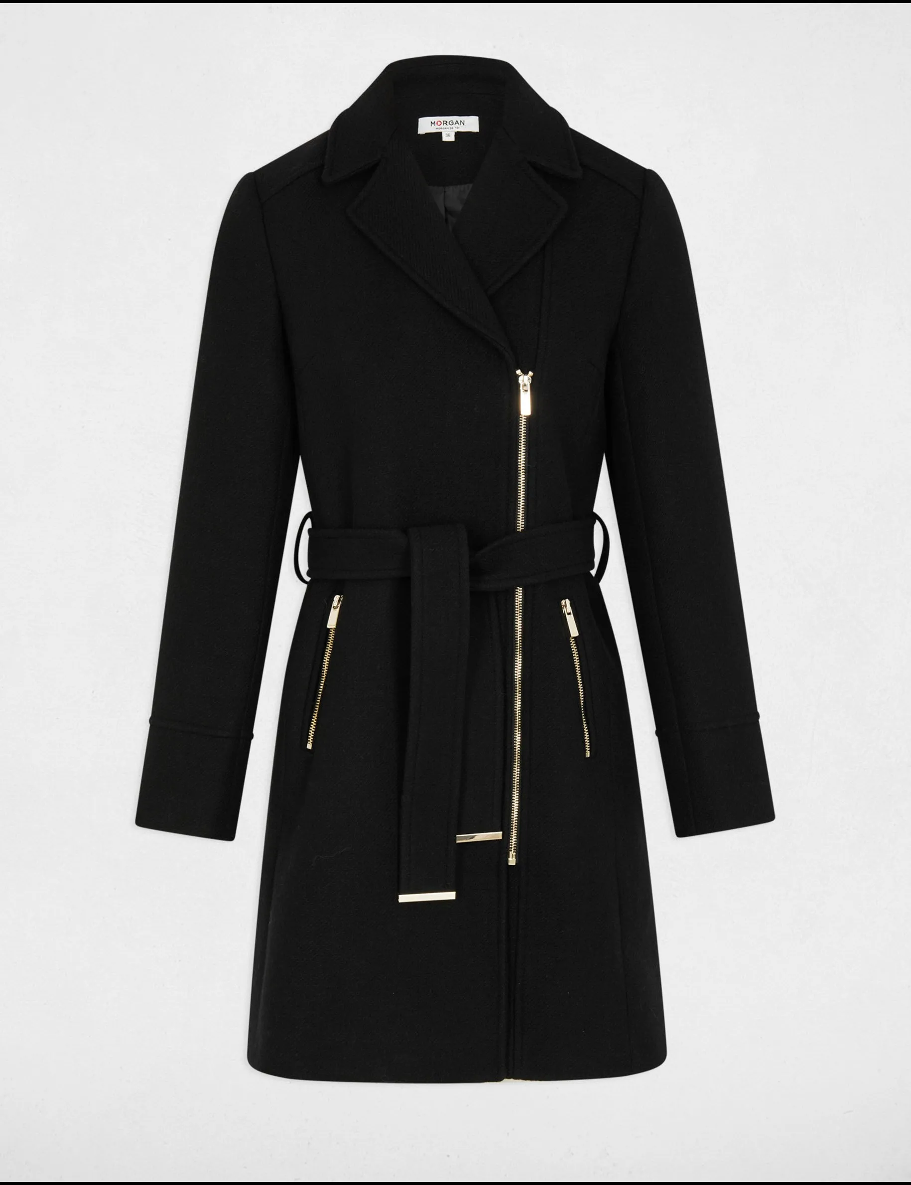 Belted long coat black women