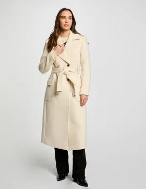 Belted long coat ivory women