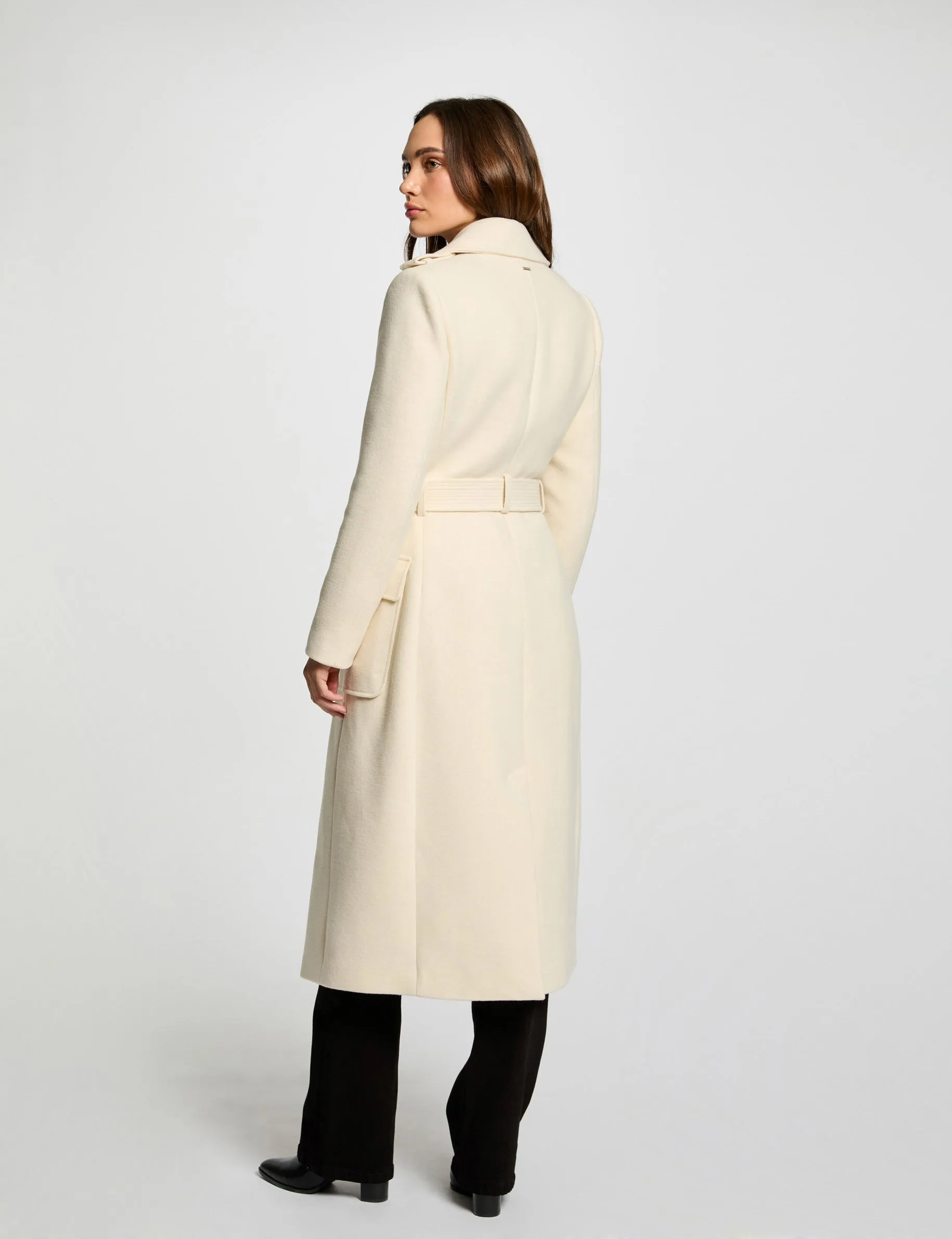 Belted long coat ivory women