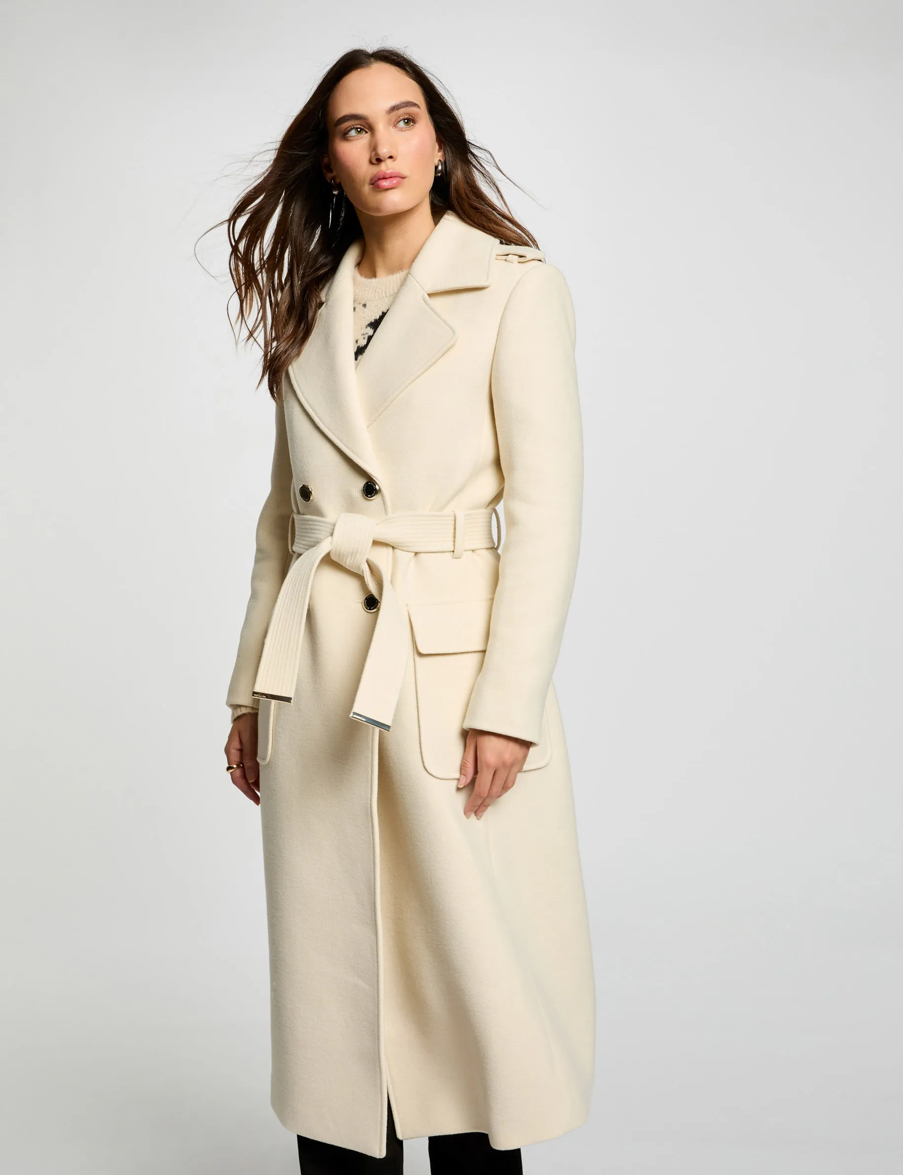 Belted long coat ivory women