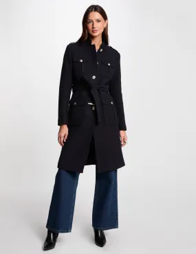 Belted long coat navy blue women