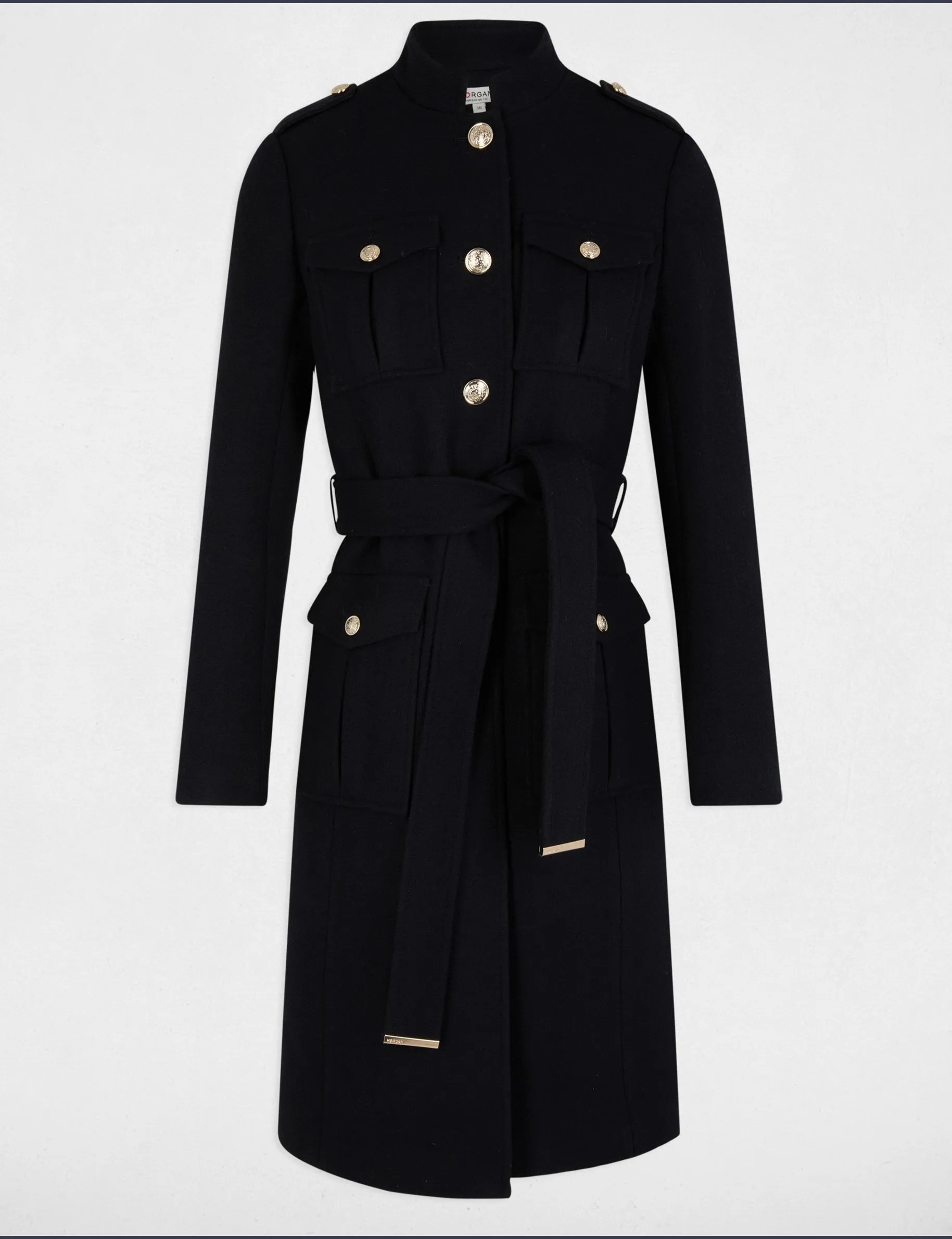 Belted long coat navy blue women