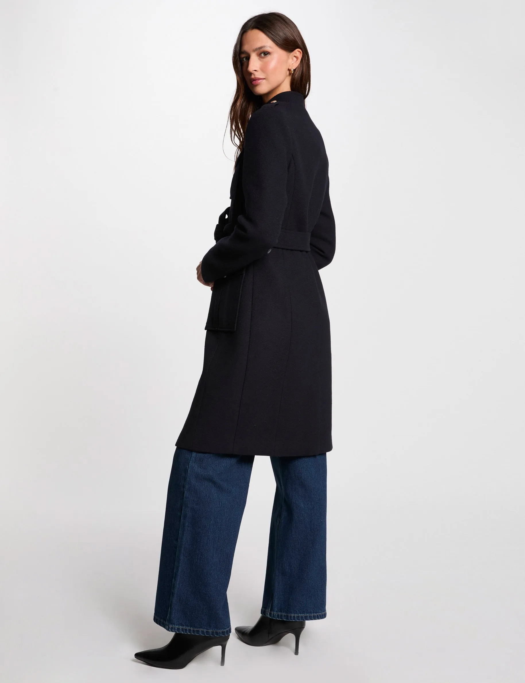 Belted long coat navy blue women