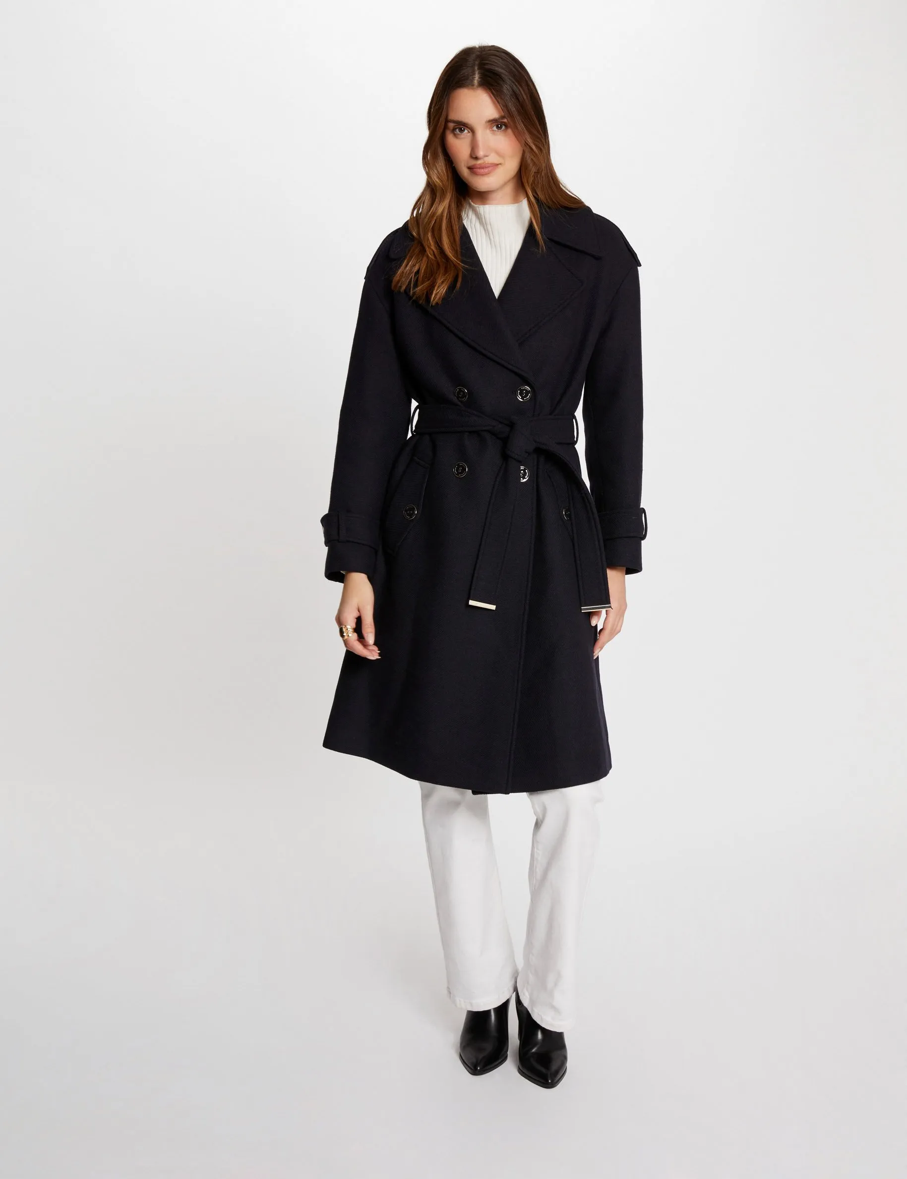 Belted long coat navy women