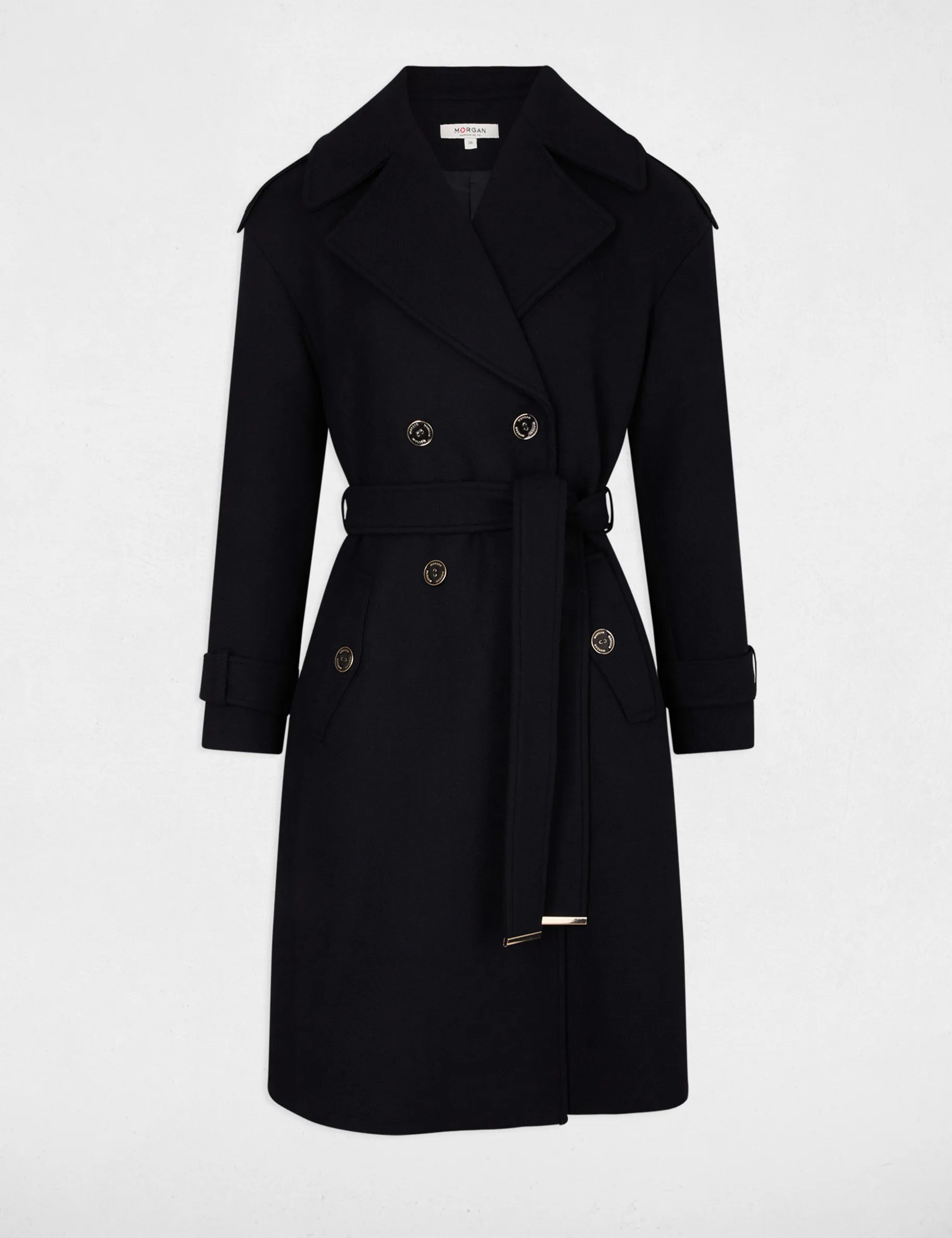 Belted long coat navy women