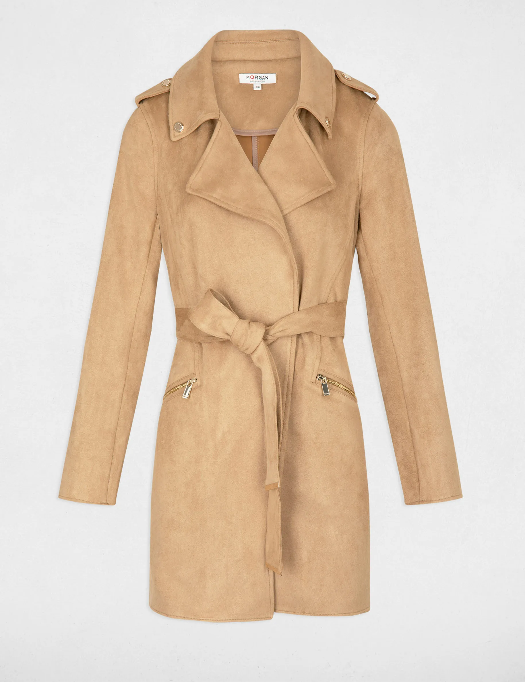 Belted long suede coat beige women