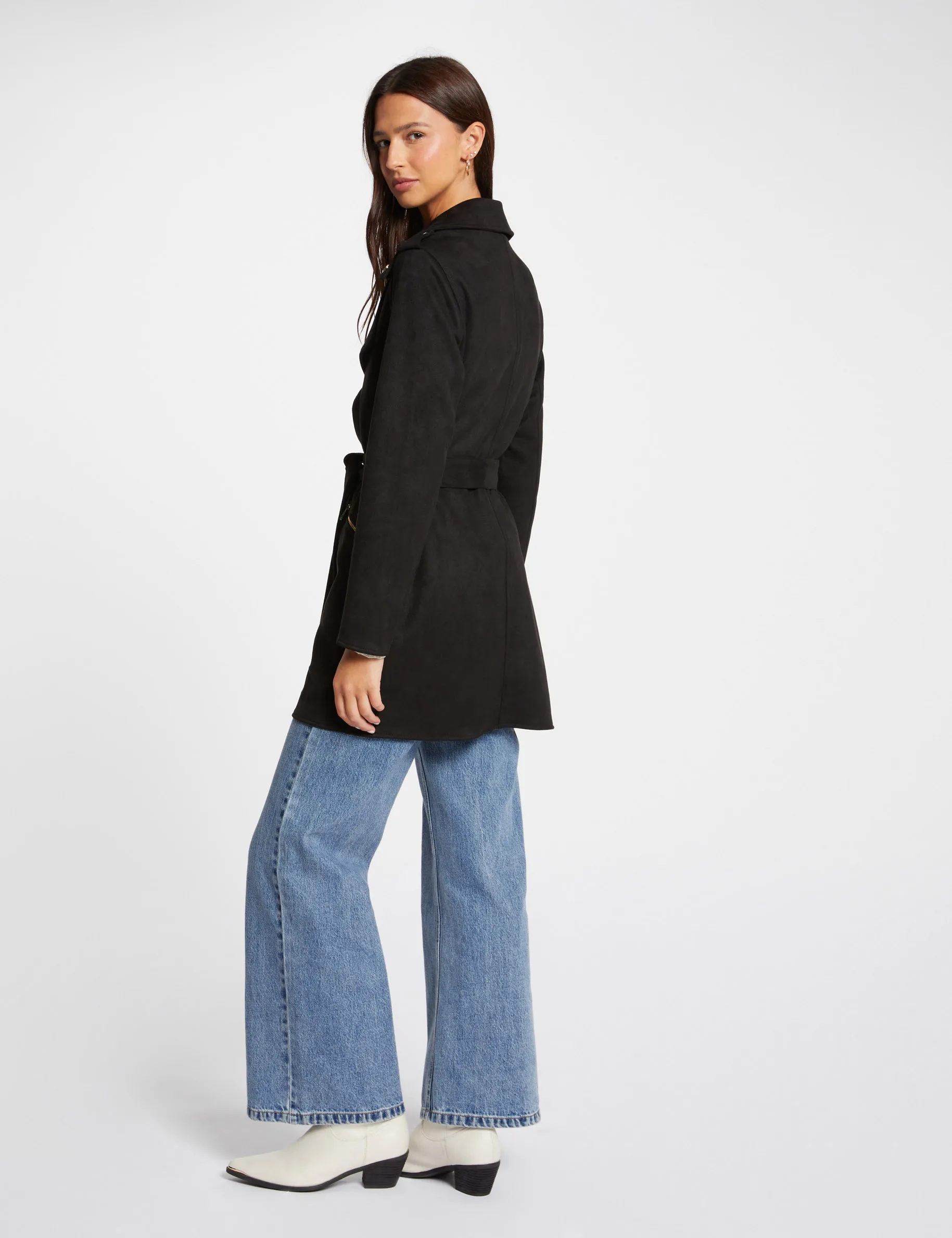 Belted long suede coat black women