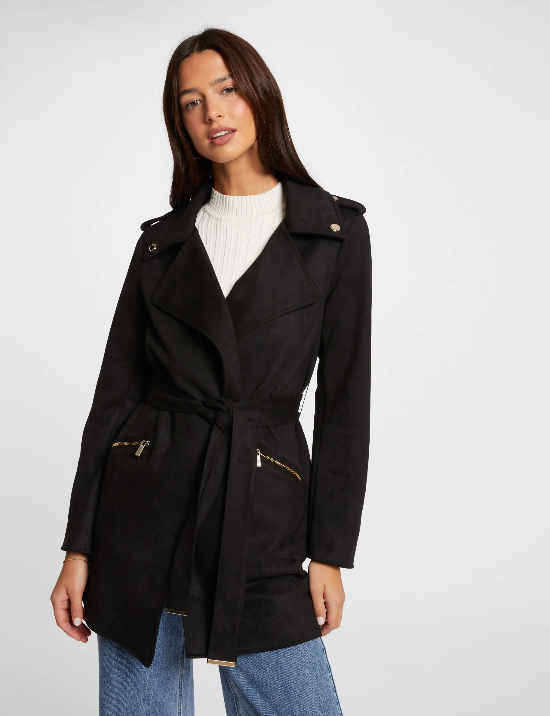 Belted long suede coat black women