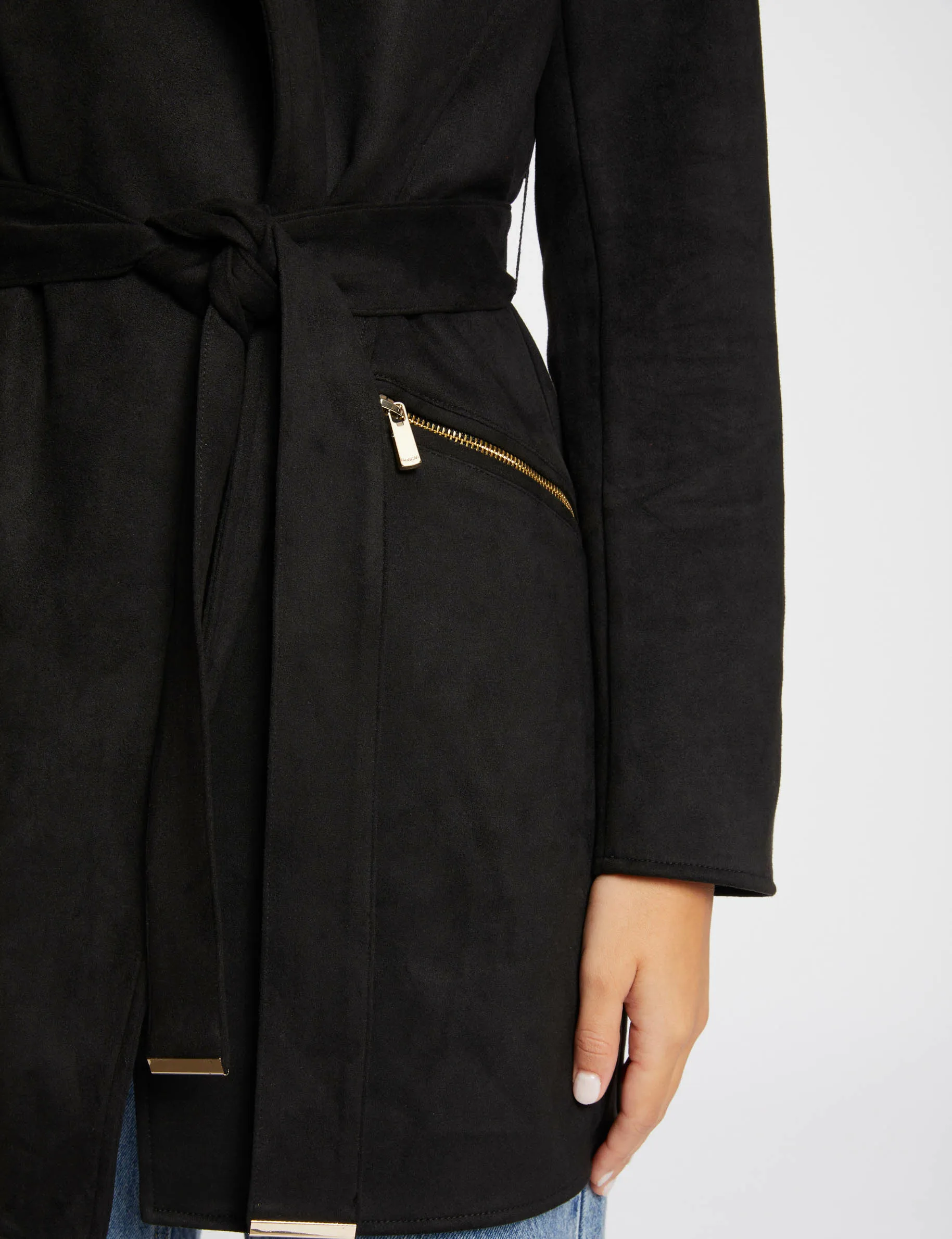 Belted long suede coat black women