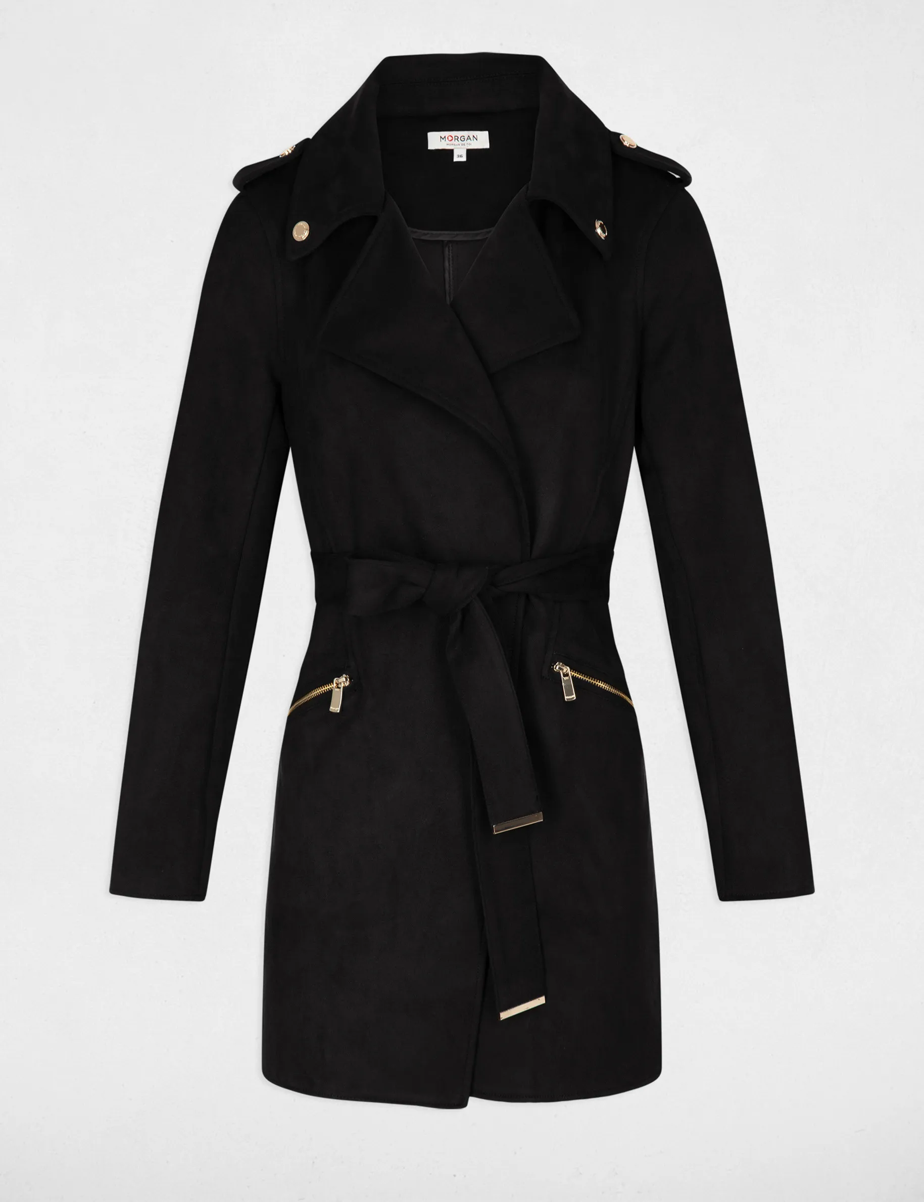 Belted long suede coat black women