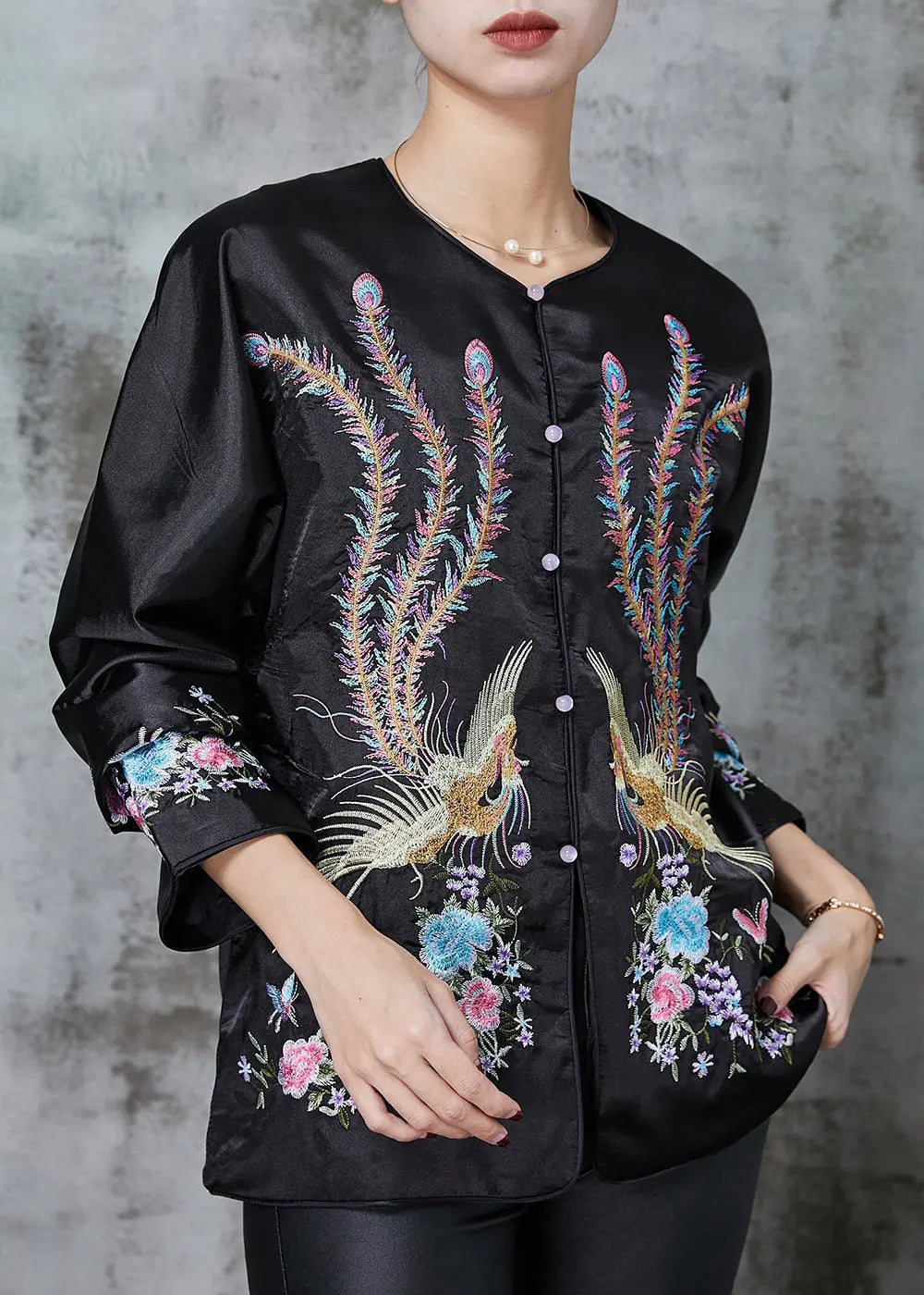 Black Chinese Style Silk Coat Embroidered Spring JK1058