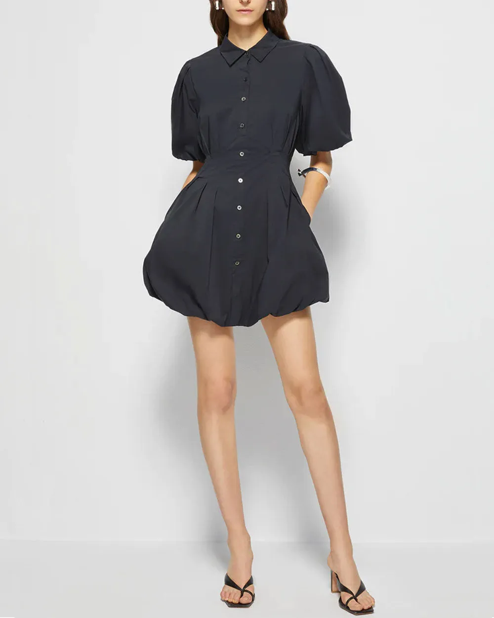 Black Cleo Balloon Pintuck Mini Dress