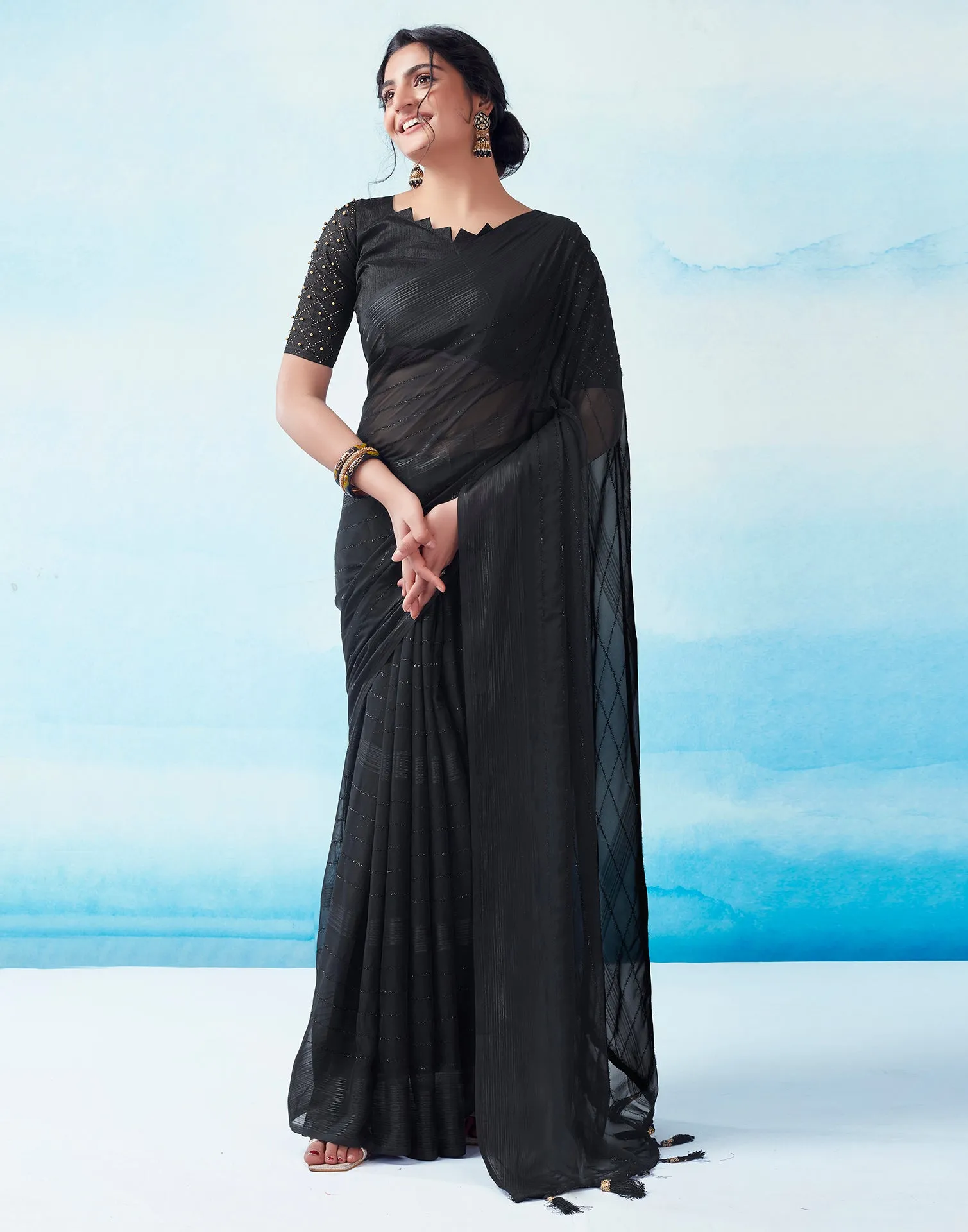 Black Georgette Plain Saree