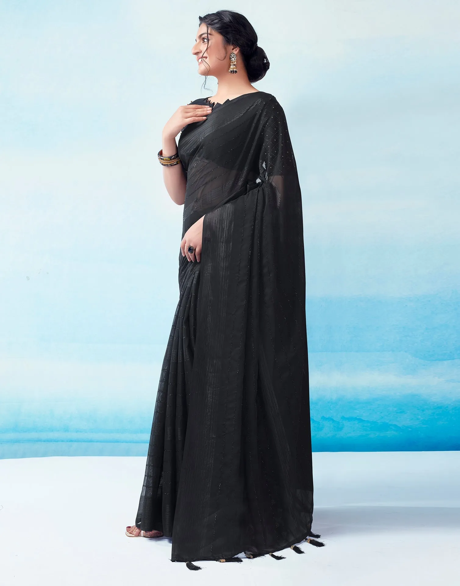 Black Georgette Plain Saree