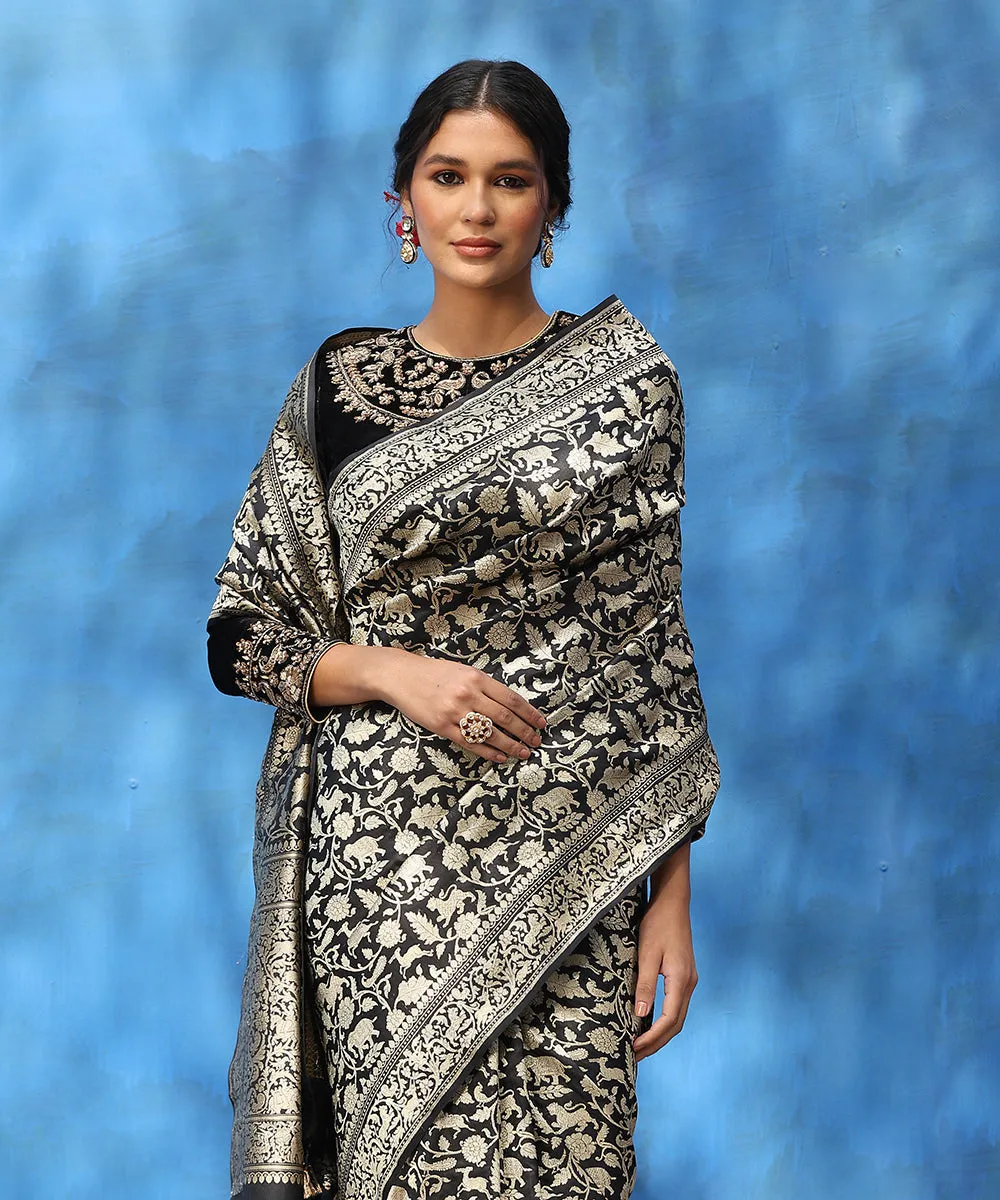 Black Handloom Pure Katan Silk Shikargah Banarasi Saree With Lions And Deers On Border