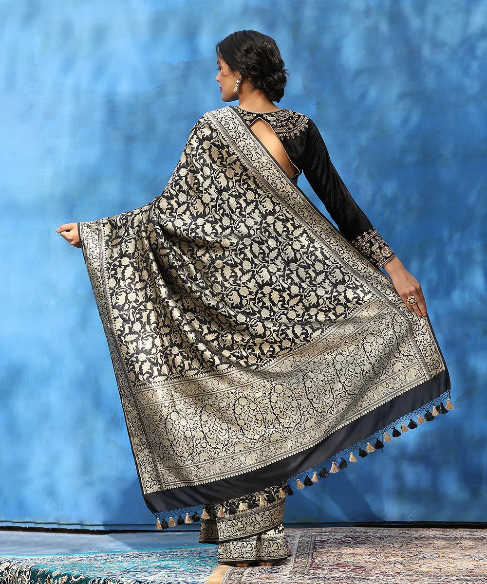 Black Handloom Pure Katan Silk Shikargah Banarasi Saree With Lions And Deers On Border