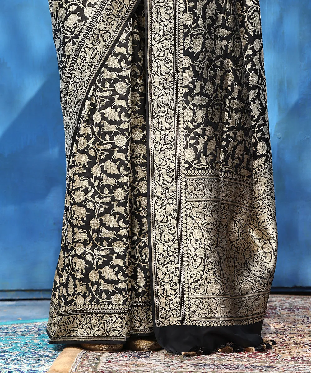 Black Handloom Pure Katan Silk Shikargah Banarasi Saree With Lions And Deers On Border