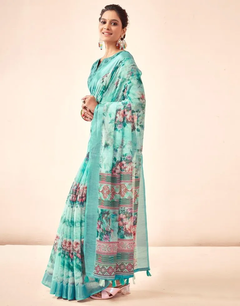 Blue Linen Printed Sarees