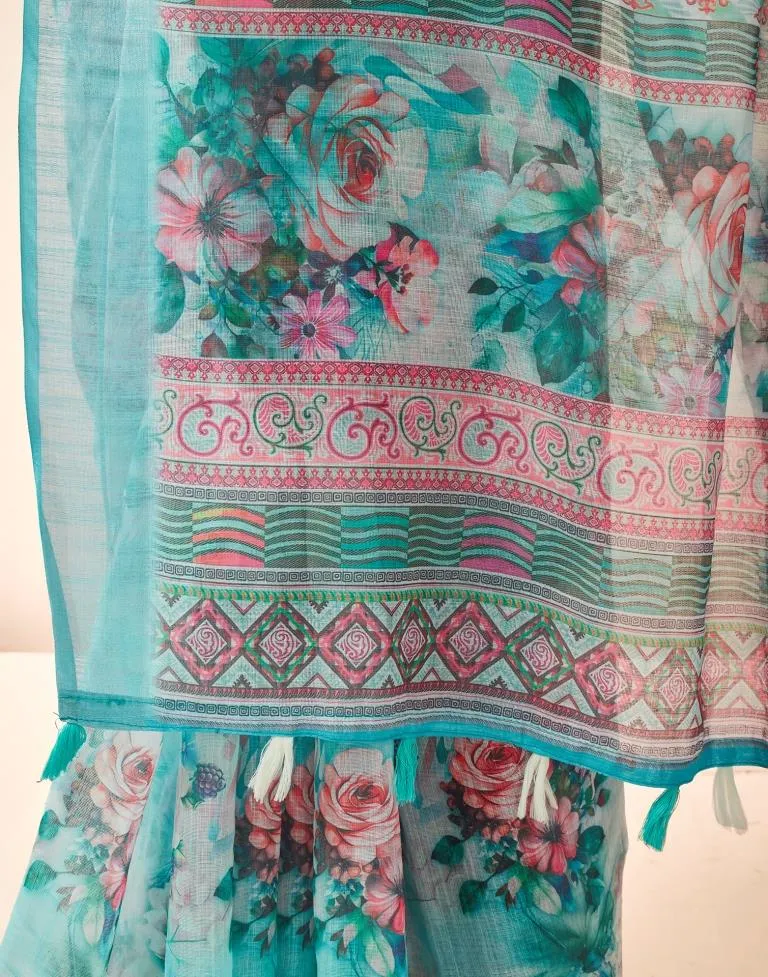 Blue Linen Printed Sarees