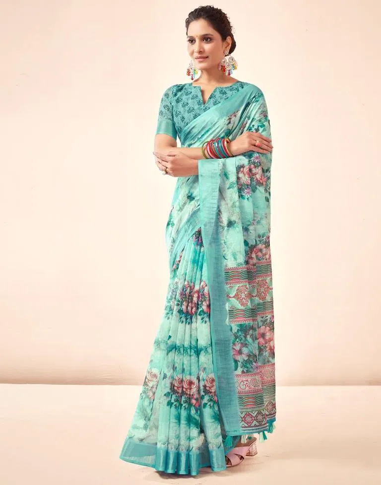 Blue Linen Printed Sarees