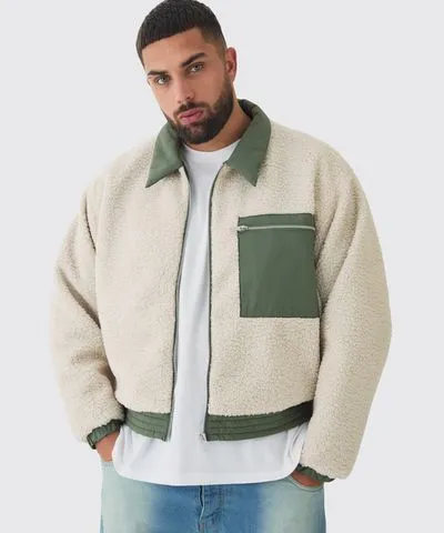 boohoo Mens Plus Boxy Borg And Nylon Collared Bomber Jacket In Ecru