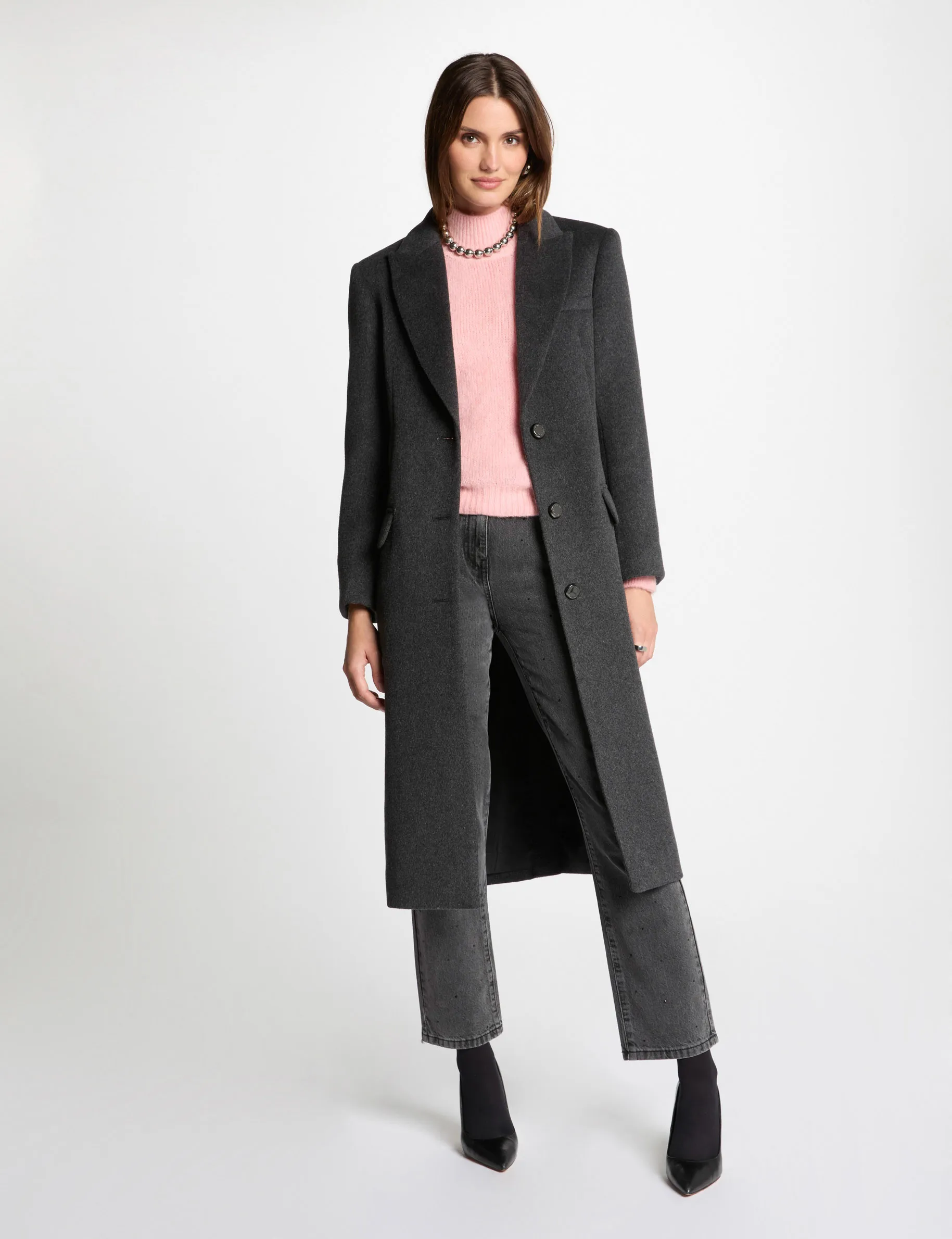 Buttoned long coat anthracite grey women