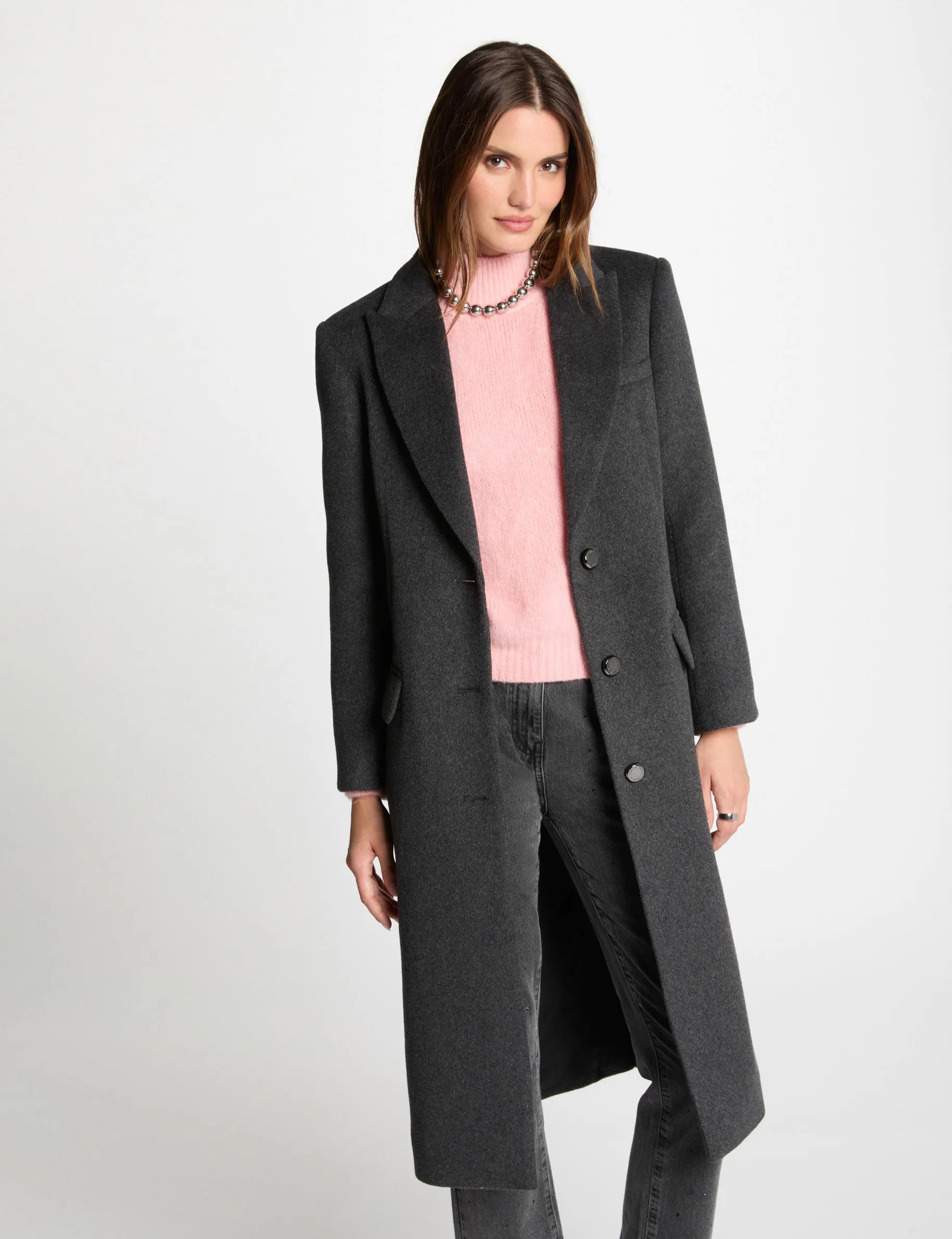 Buttoned long coat anthracite grey women