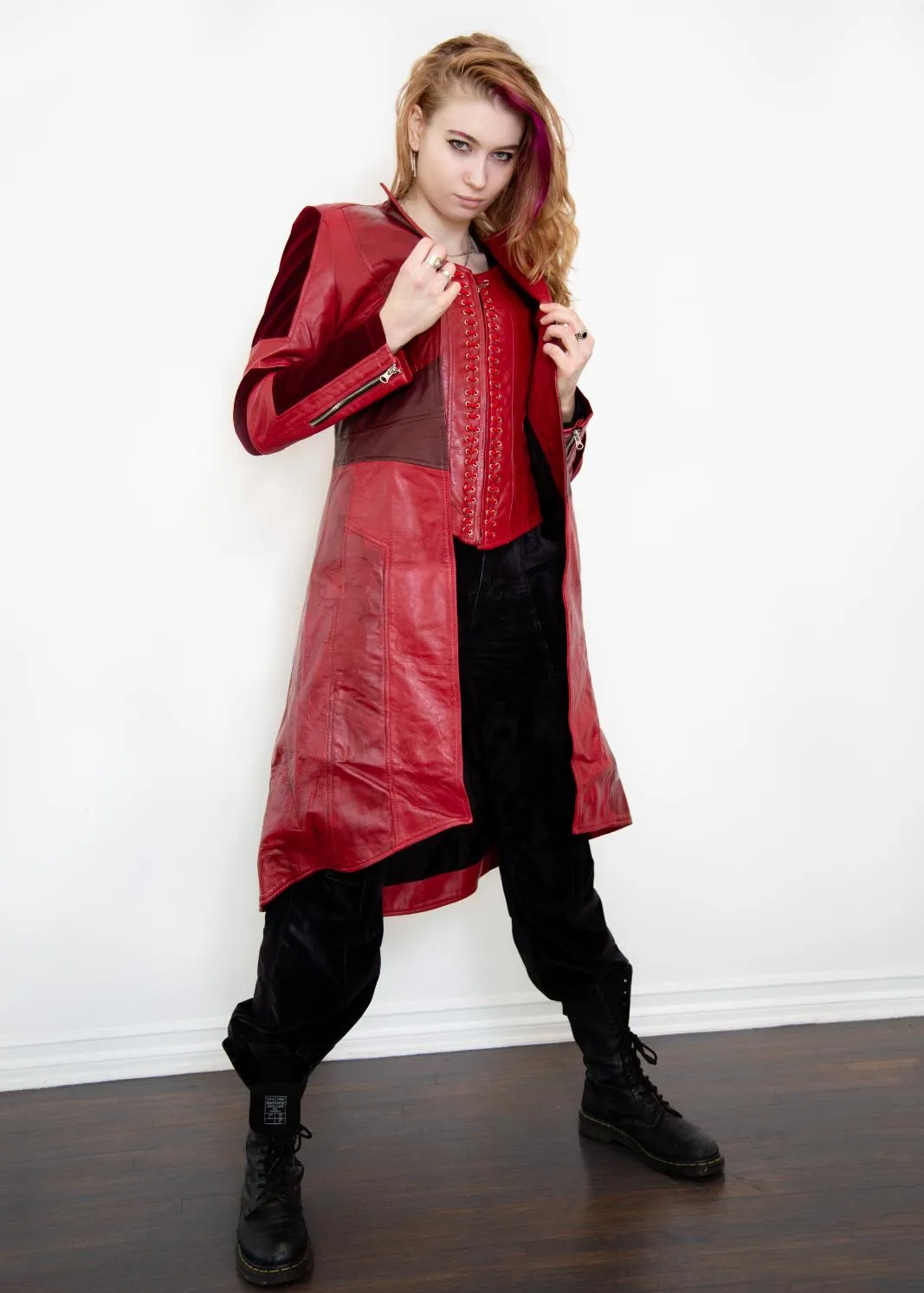 Buy Womens Scarlet Red Leather Trench Coat & Corset Jacket