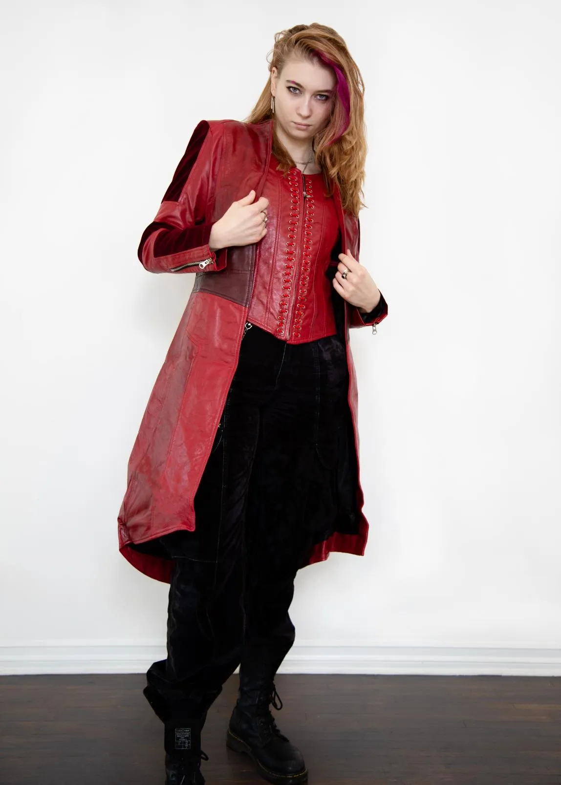 Buy Womens Scarlet Red Leather Trench Coat & Corset Jacket