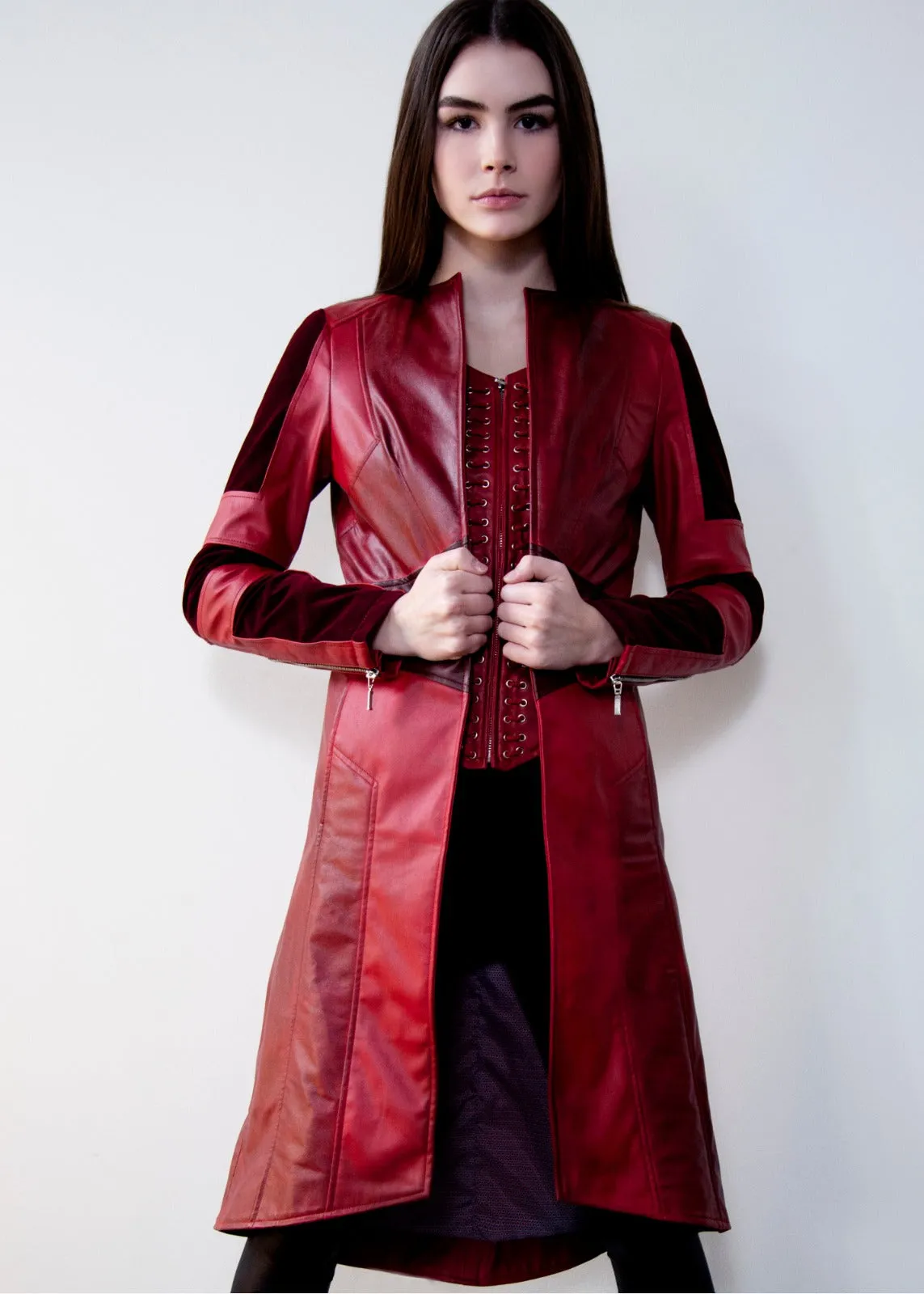 Buy Womens Scarlet Red Leather Trench Coat & Corset Jacket