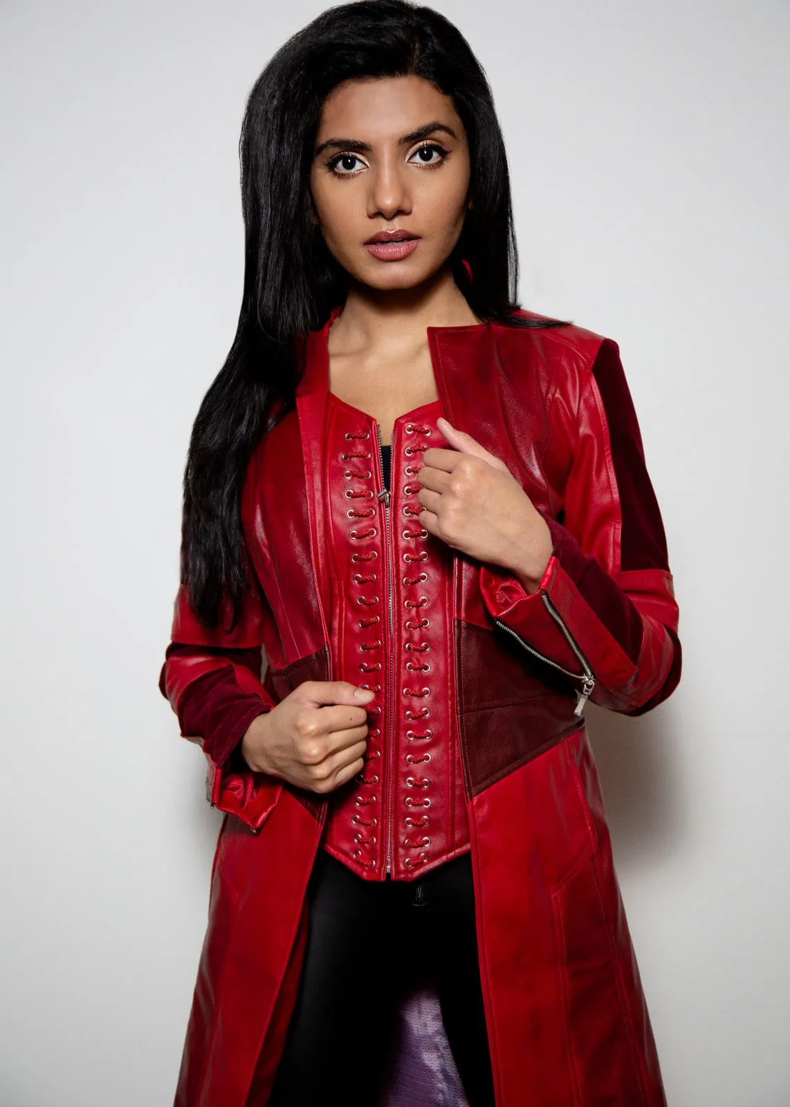 Buy Womens Scarlet Red Leather Trench Coat & Corset Jacket