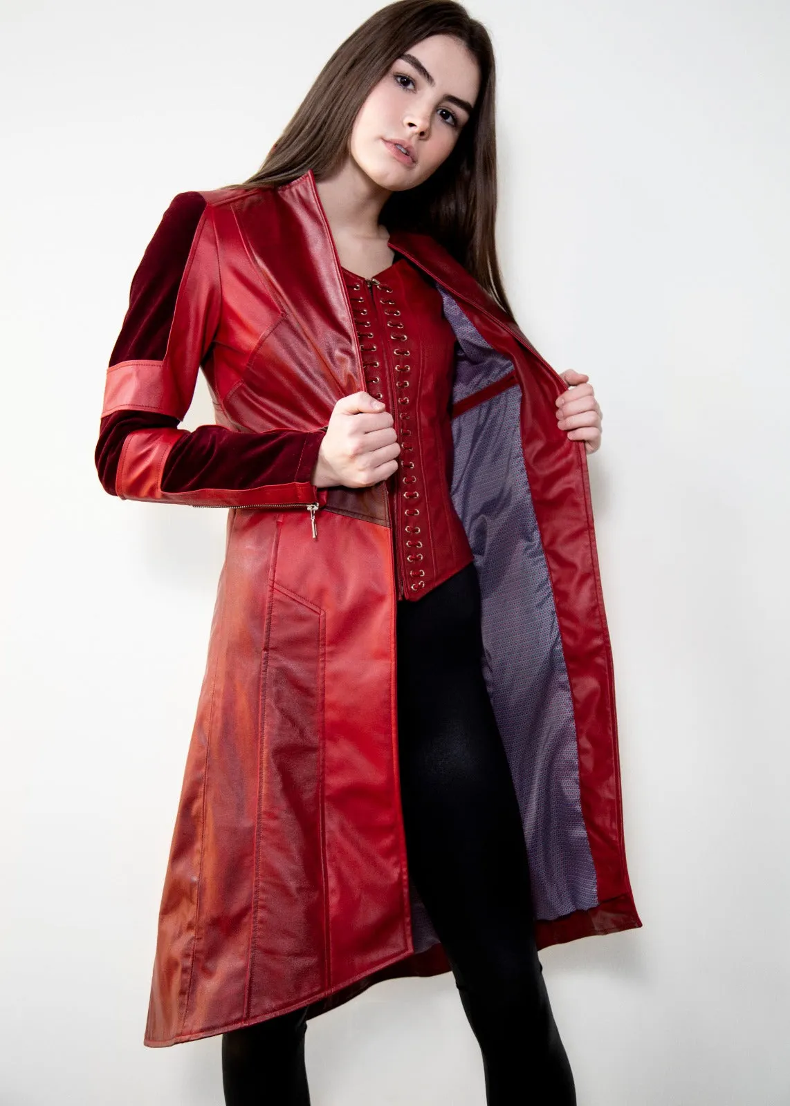 Buy Womens Scarlet Red Leather Trench Coat & Corset Jacket