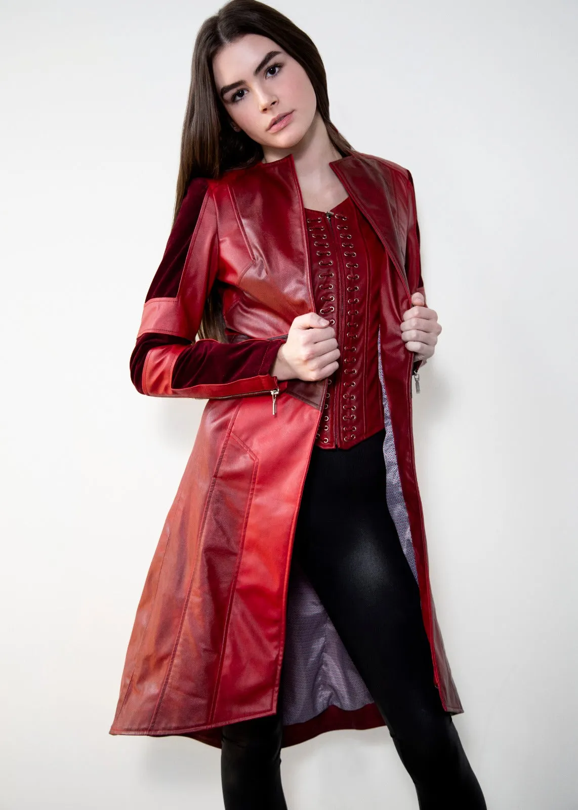 Buy Womens Scarlet Red Leather Trench Coat & Corset Jacket