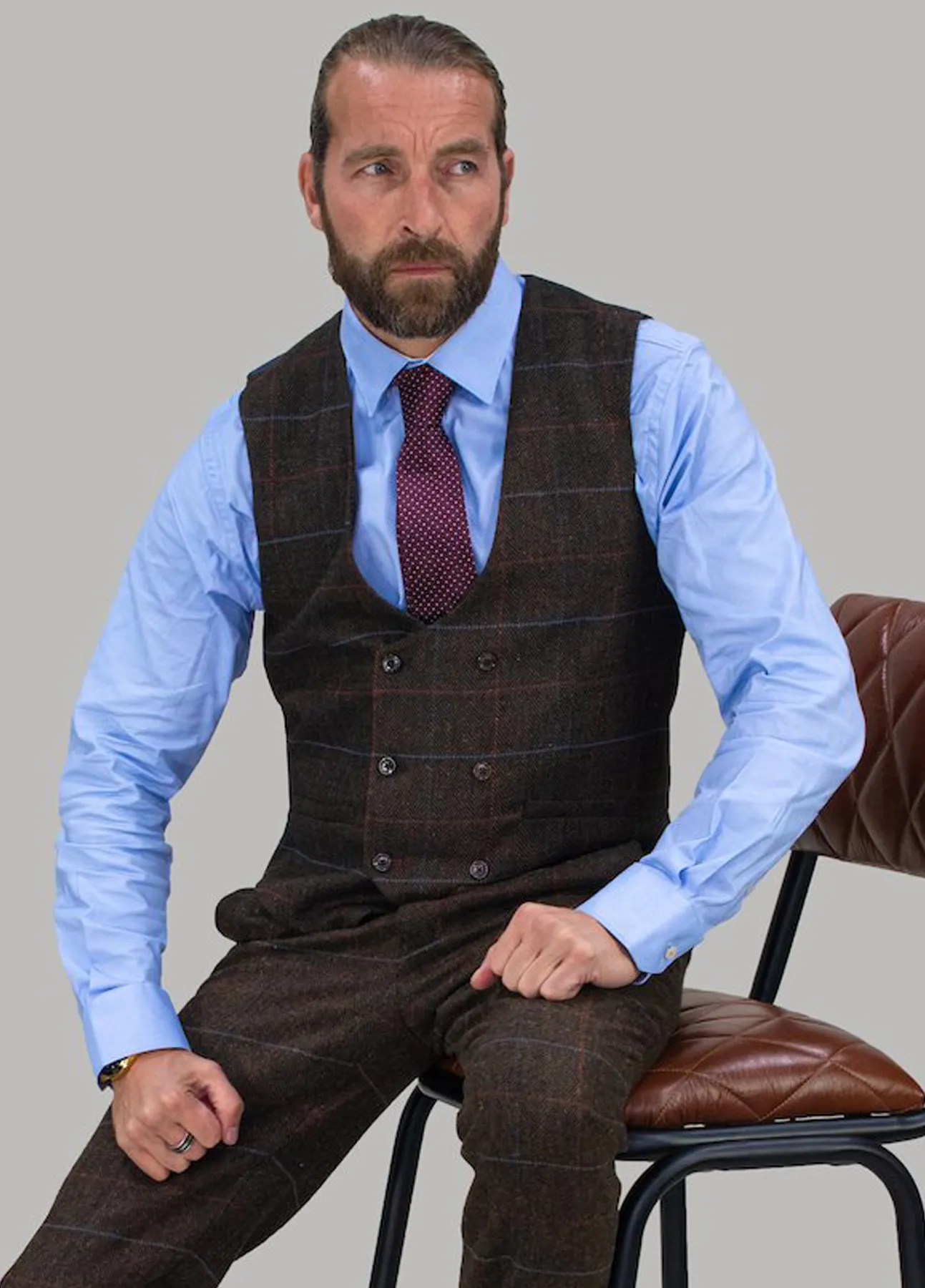 Cavani Tommy Brown Tweed Check Double Breasted Waistcoat