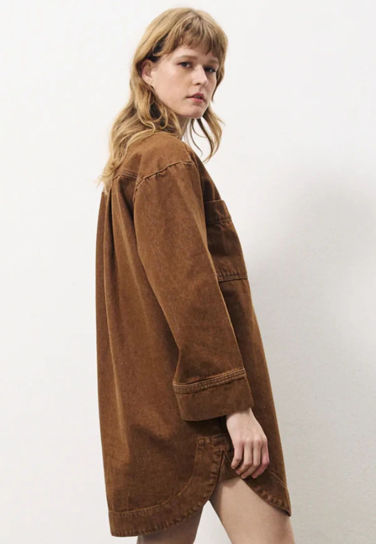 Cotton Denim Shirt Coat - Rust Brown