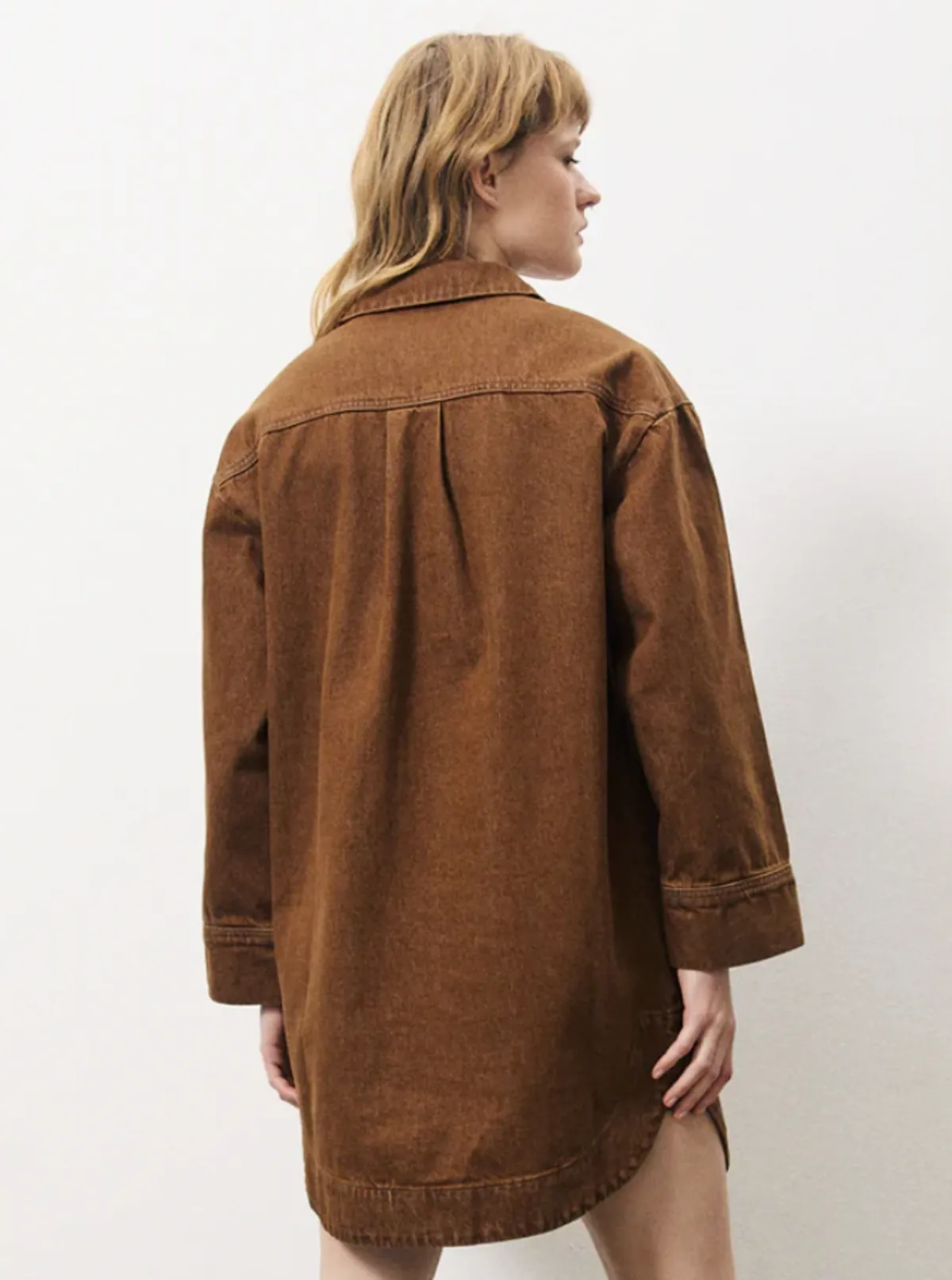 Cotton Denim Shirt Coat - Rust Brown